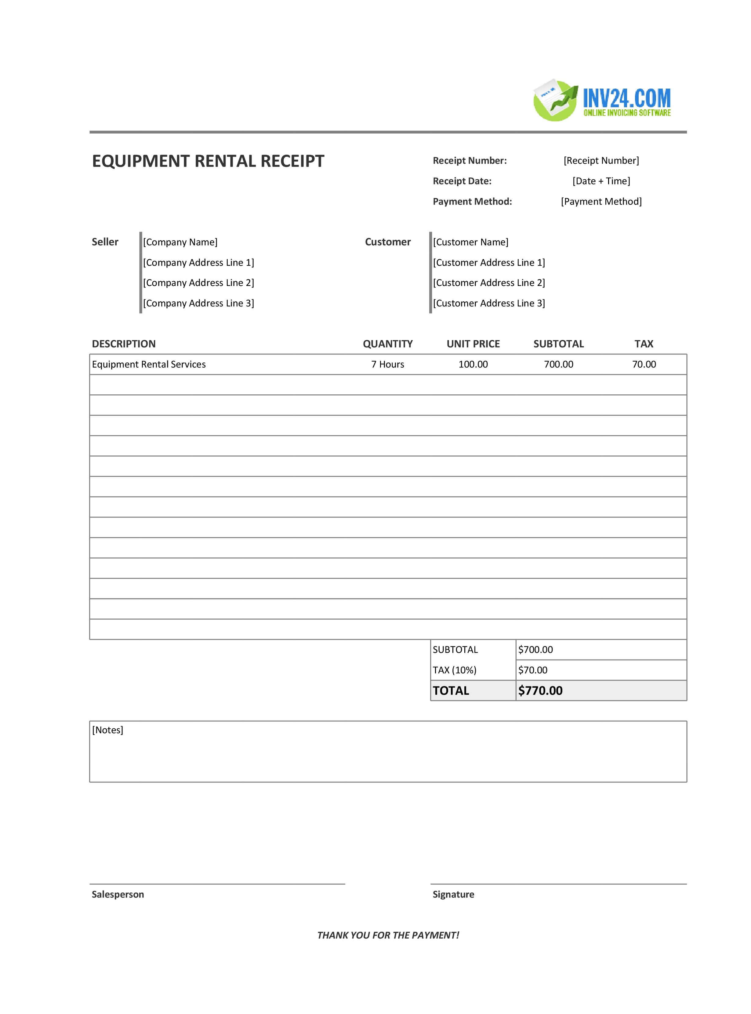 Equipment Rental Receipt Template (Excel / Google Sheets) Equipment Rental Receipt Template (Excel / Google Sheets)