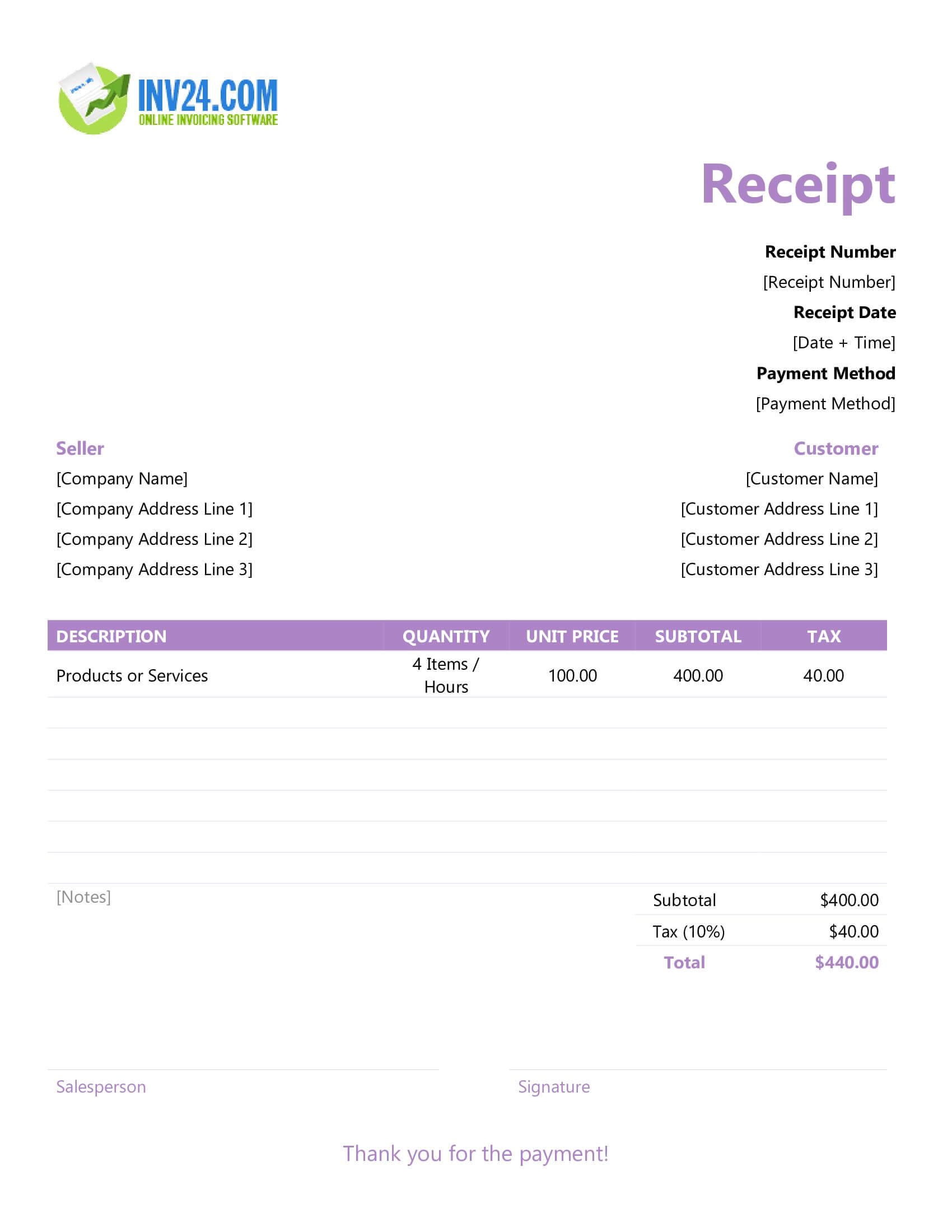 Fillable Receipt Template (Word / Google Docs)