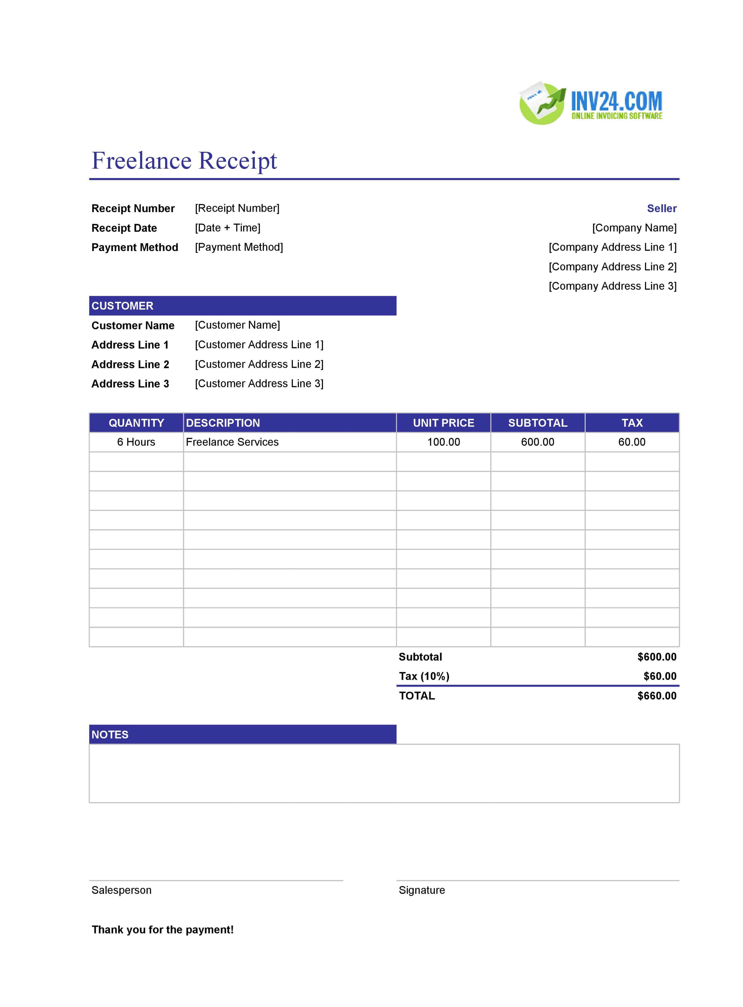 Freelance Receipt Template (Excel / Google Sheets)
