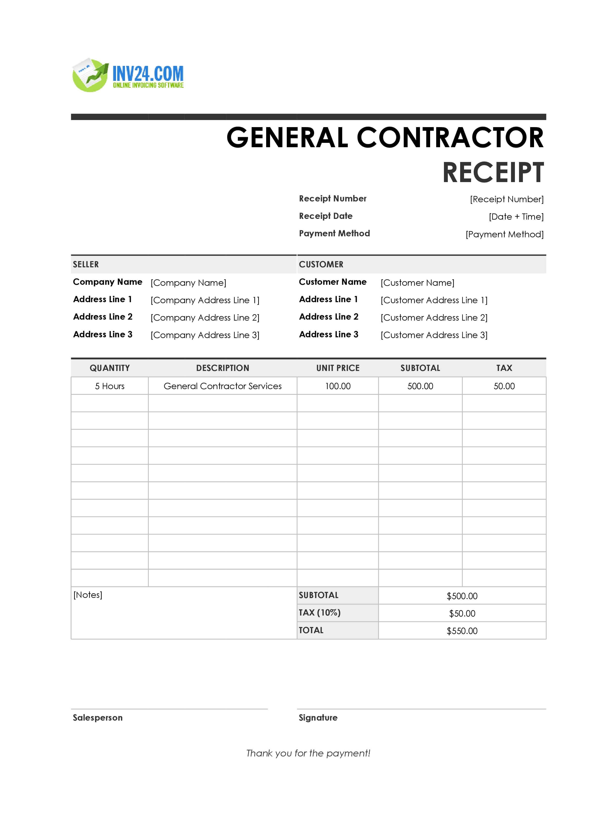 General Contractor Receipt Template (Excel / Google Sheets) General Contractor Receipt Template (Excel / Google Sheets)