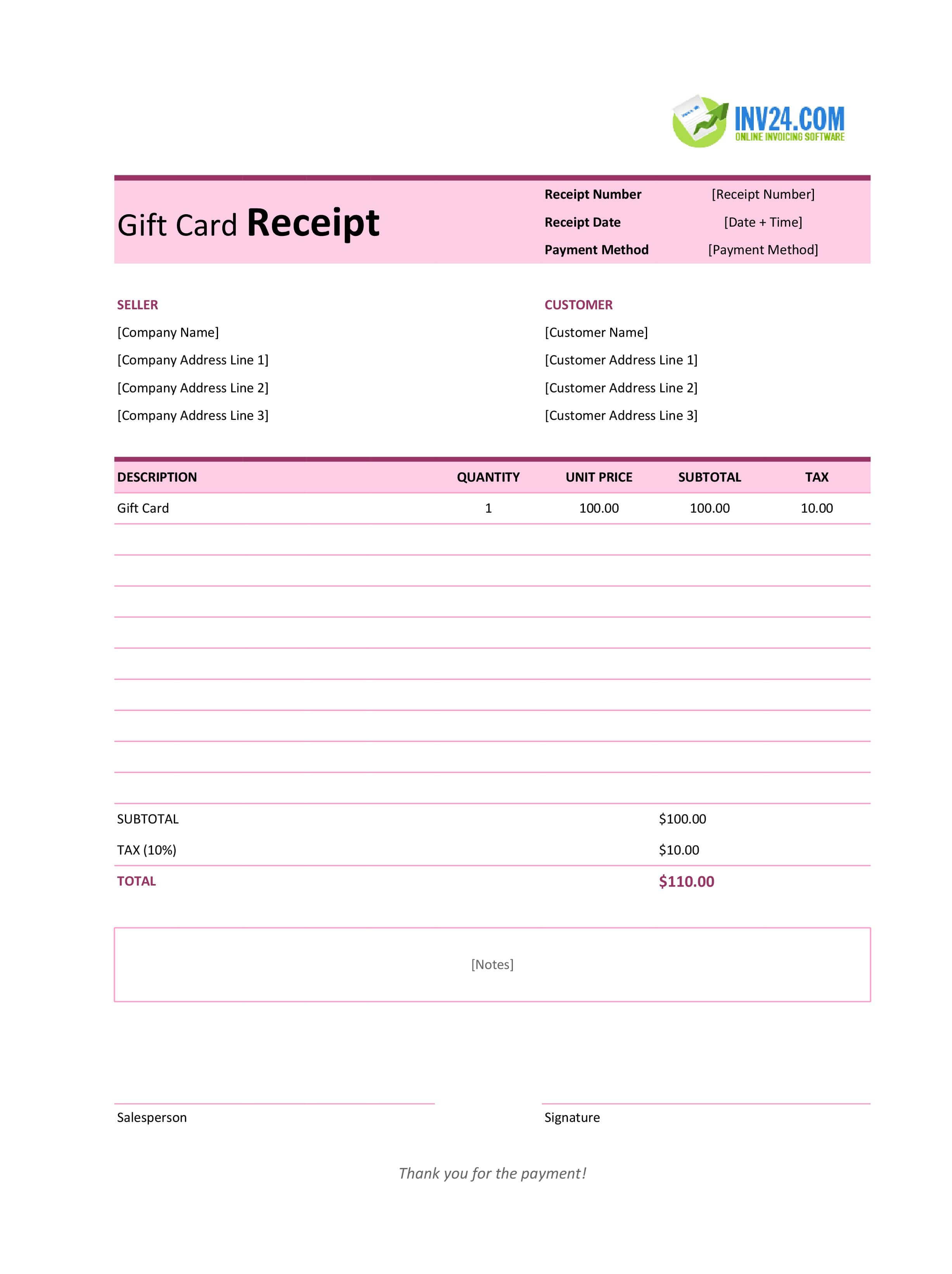 Gift Card Receipt Template (Excel / Google Sheets)