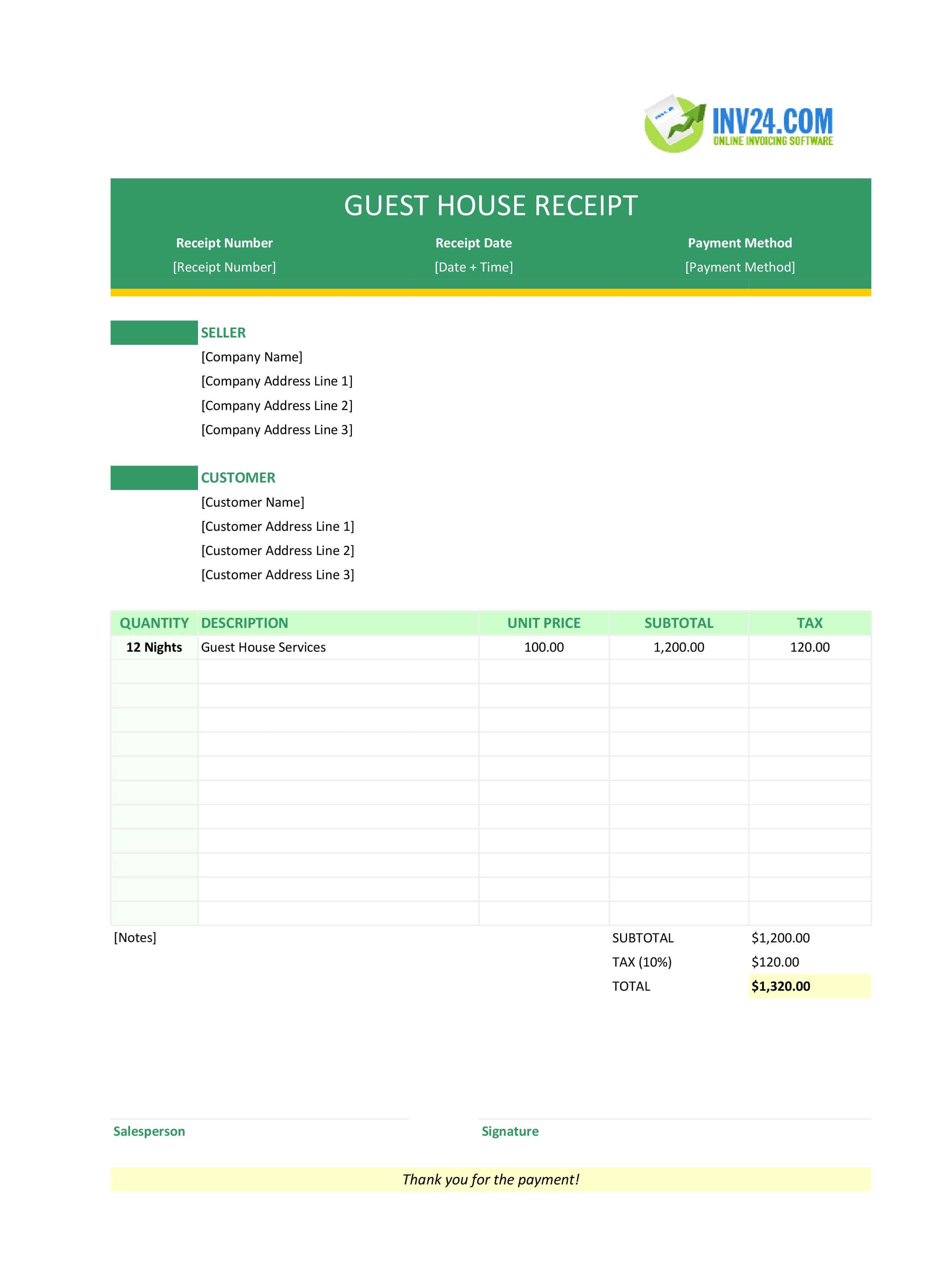Guest House Receipt Template (Excel / Google Sheets) Guest House Receipt Template (Excel / Google Sheets)