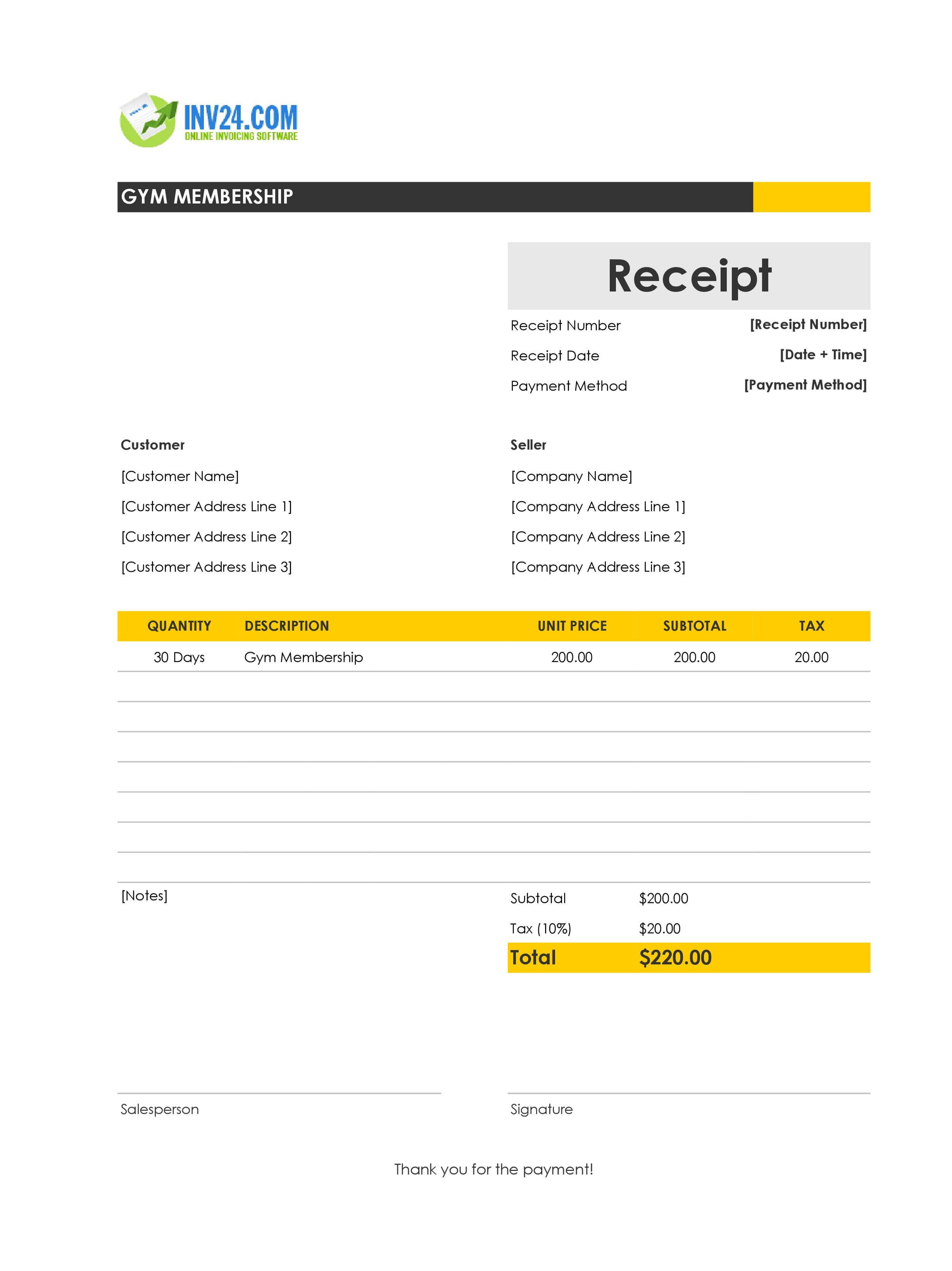 Gym Membership Receipt Template (Excel / Google Sheets)
