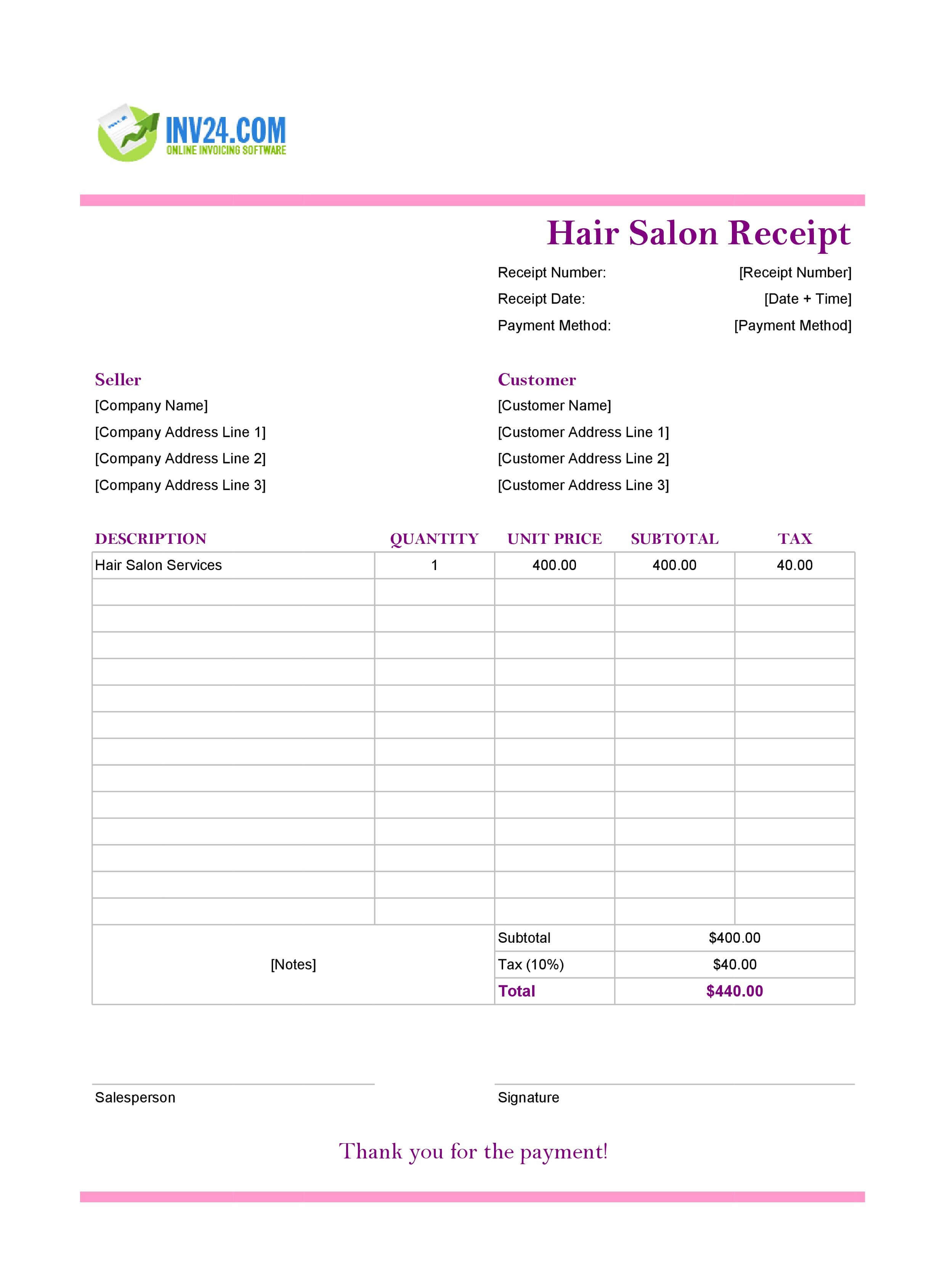 Hair Salon Receipt Template (Excel / Google Sheets) Hair Salon Receipt Template (Excel / Google Sheets)