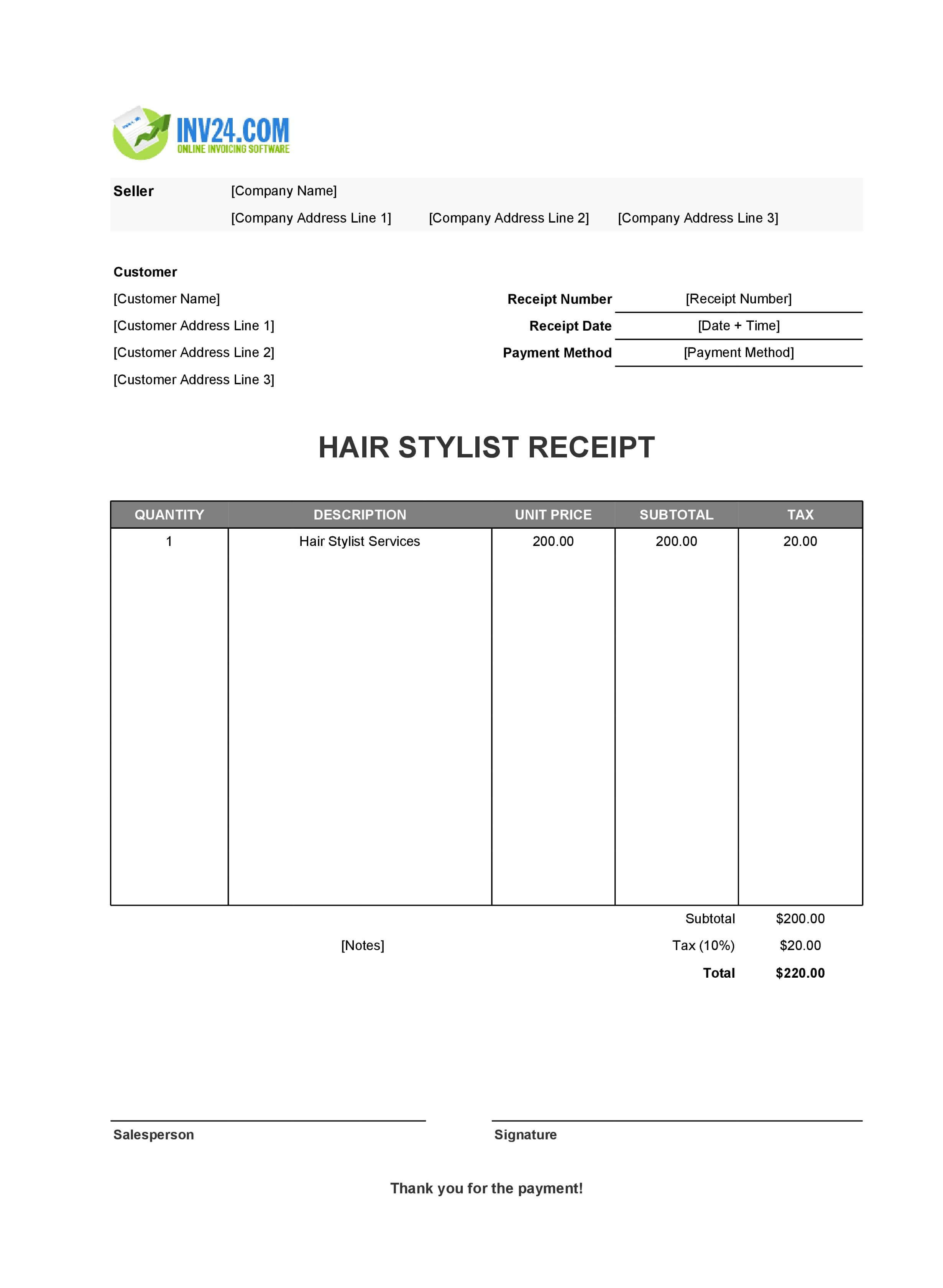 Hair Stylist Receipt Template (Excel / Google Sheets)
