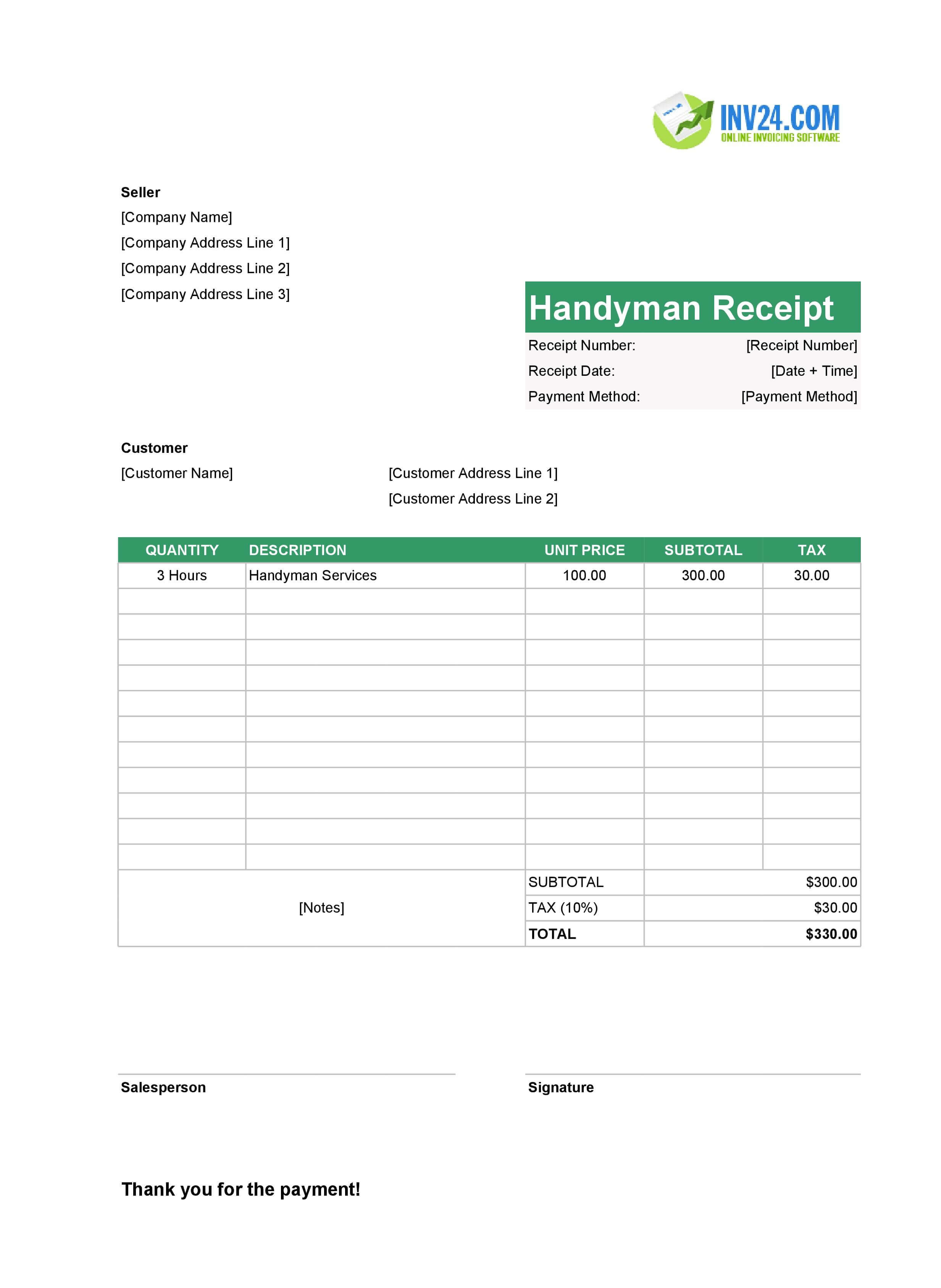 Handyman Receipt Template (Excel / Google Sheets) Handyman Receipt Template (Excel / Google Sheets)