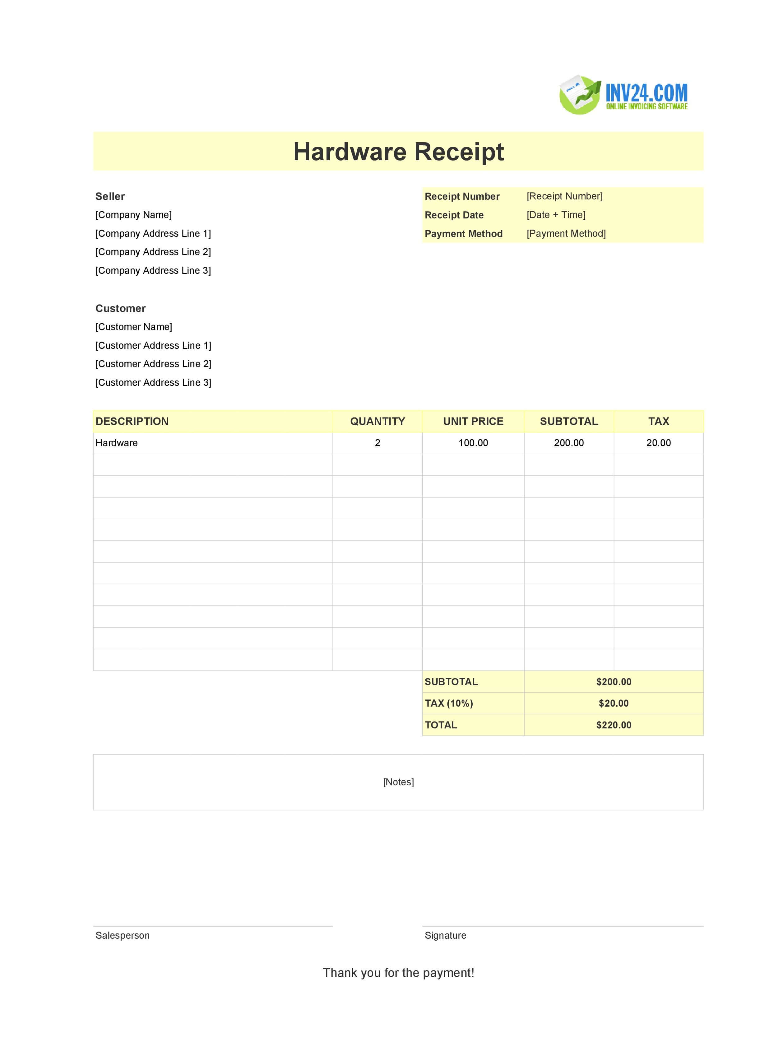Hardware Receipt Template (Excel / Google Sheets)