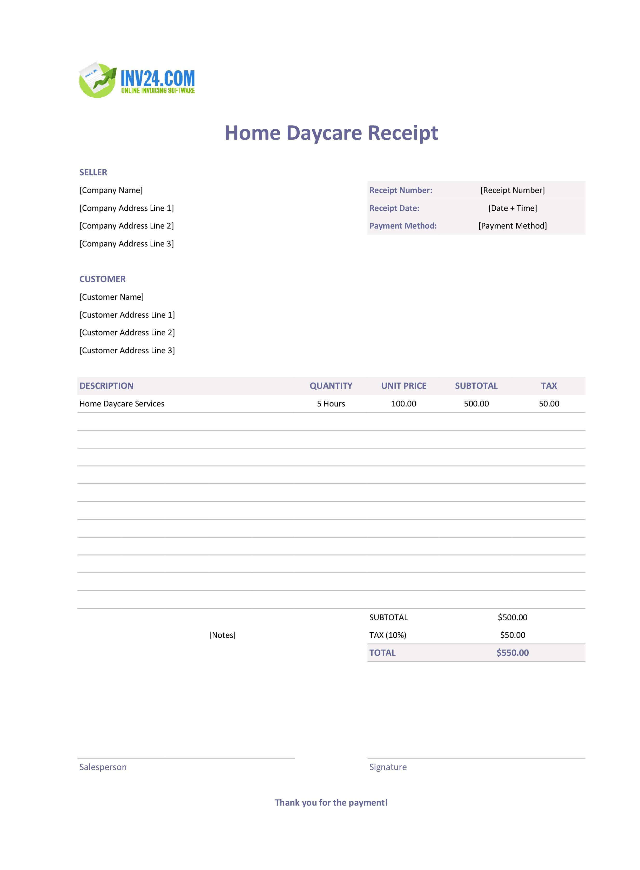 Home Daycare Receipt Template (Excel / Google Sheets)