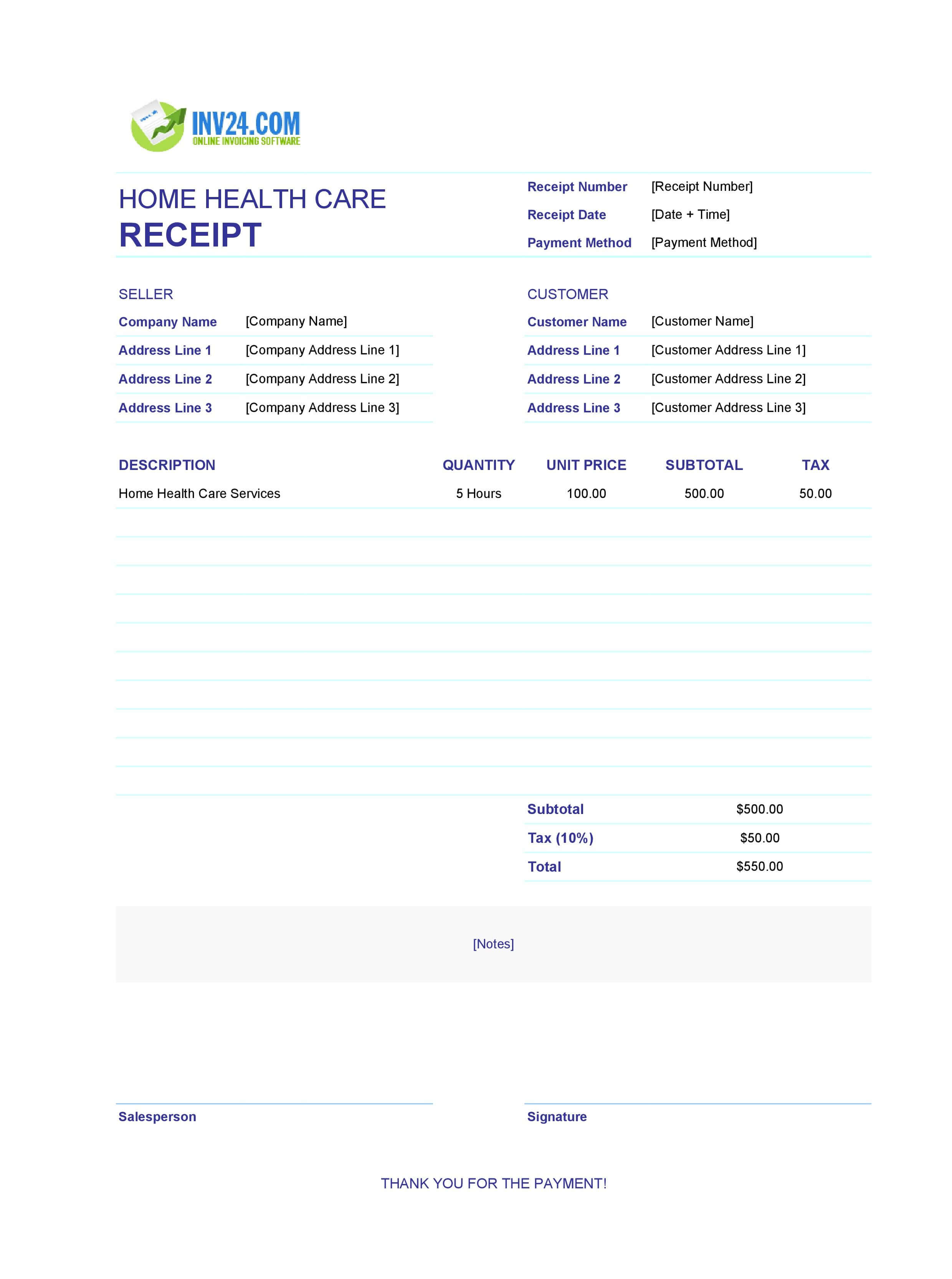 Home Health Care Receipt Template (Excel / Google Sheets)