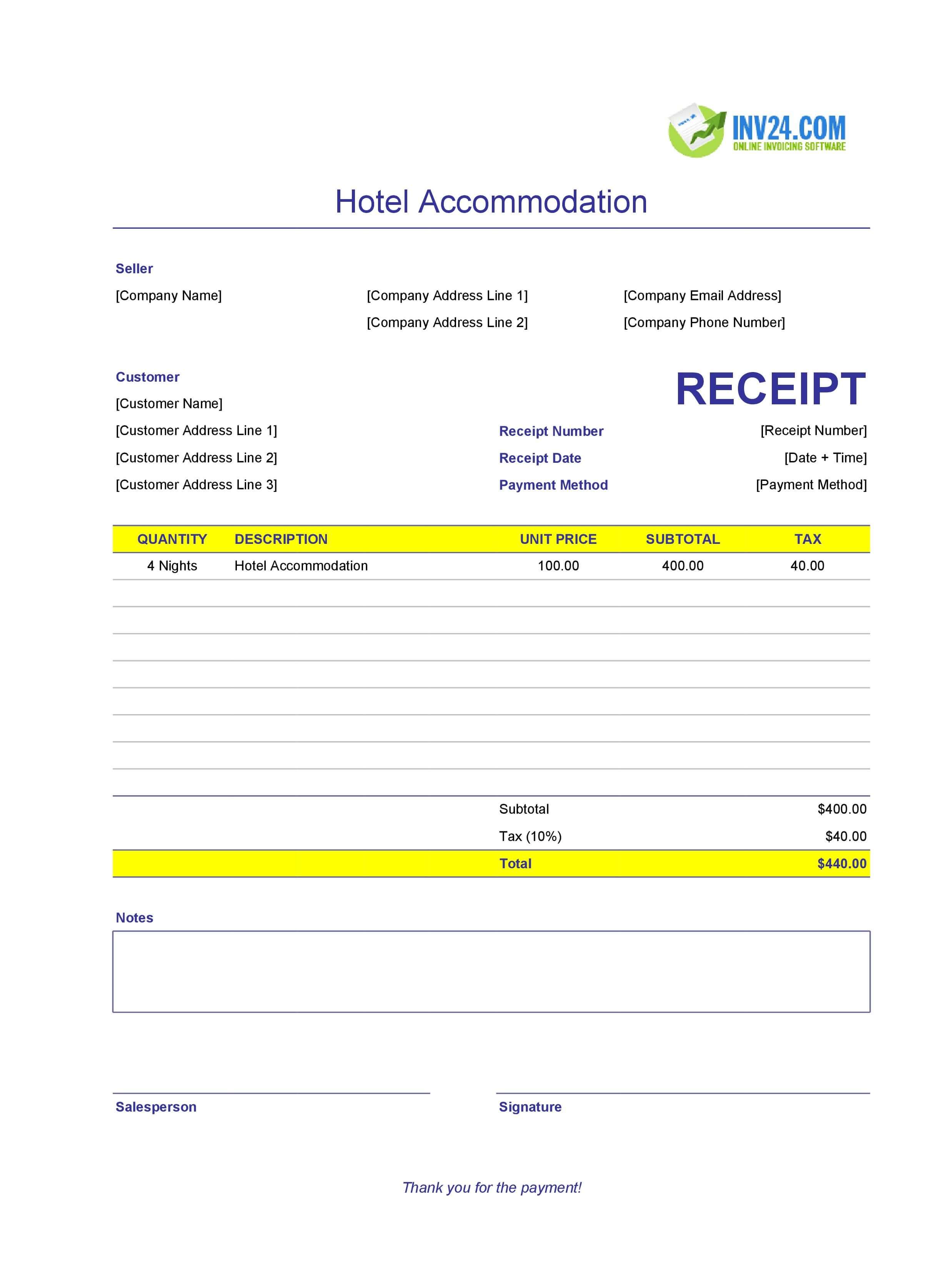Hotel Accommodation Receipt Template (Excel / Google Sheets)