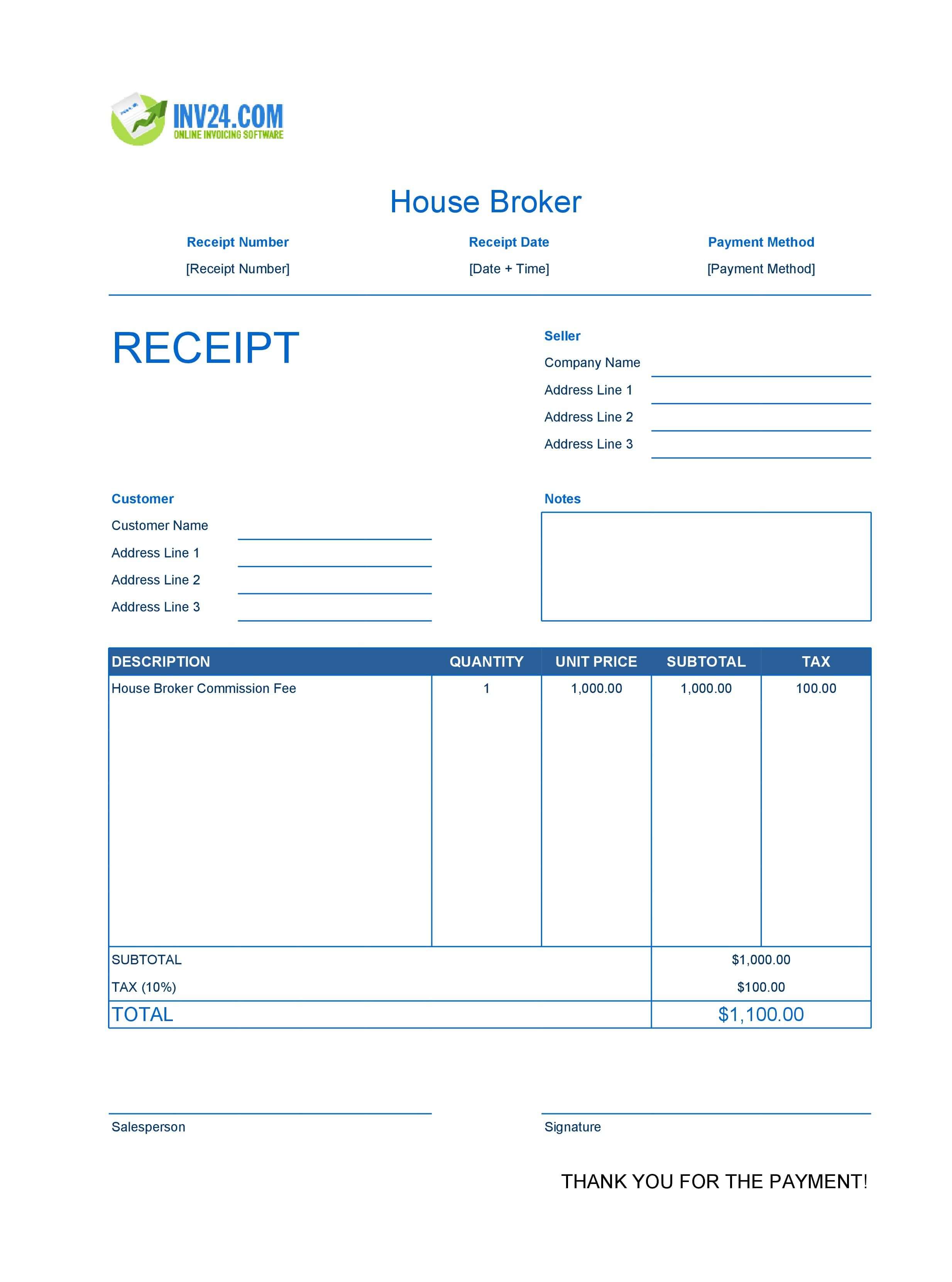 House Broker Receipt Template (Excel / Google Sheets)