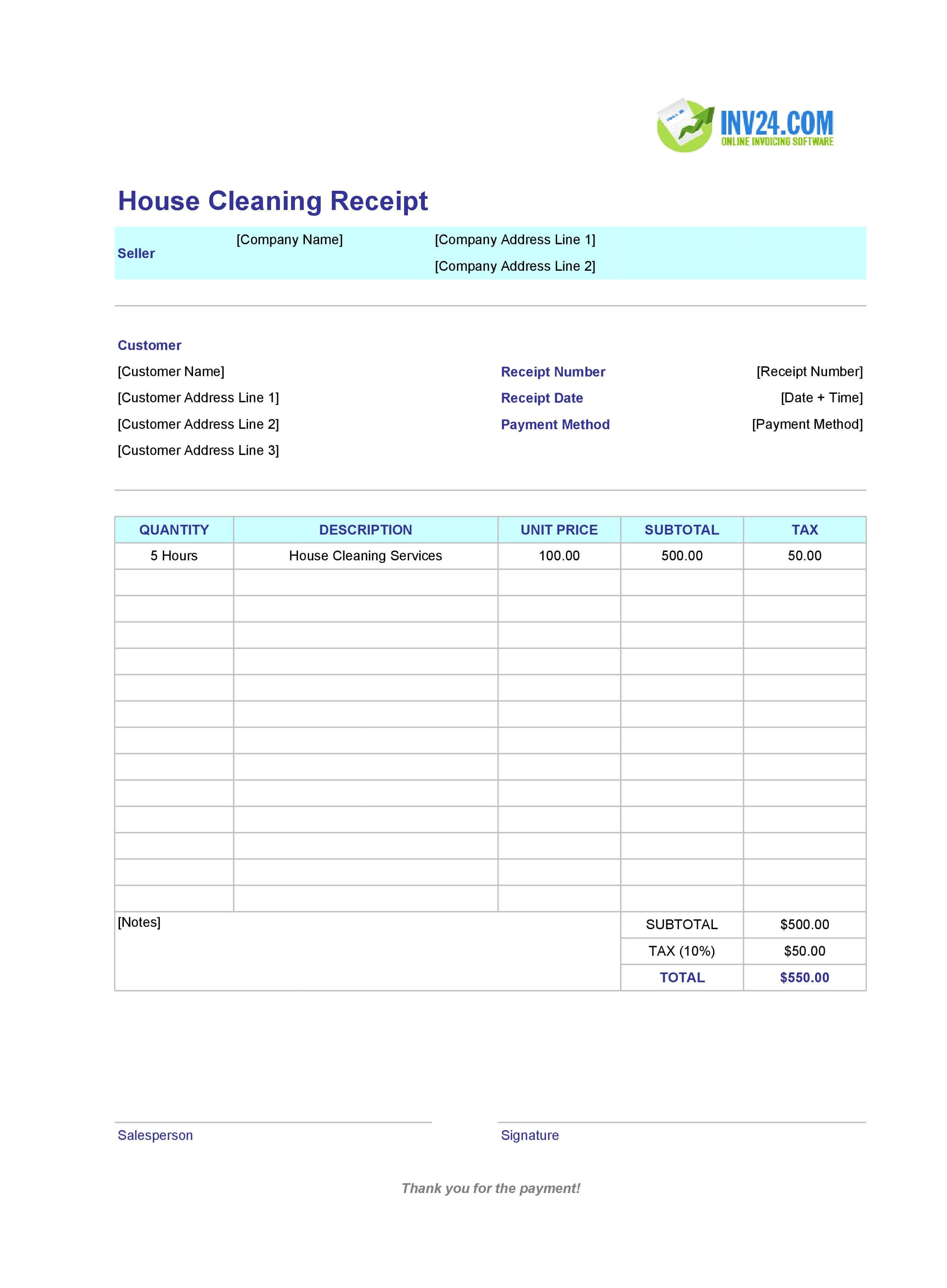 House Cleaning Receipt Template (Excel / Google Sheets)