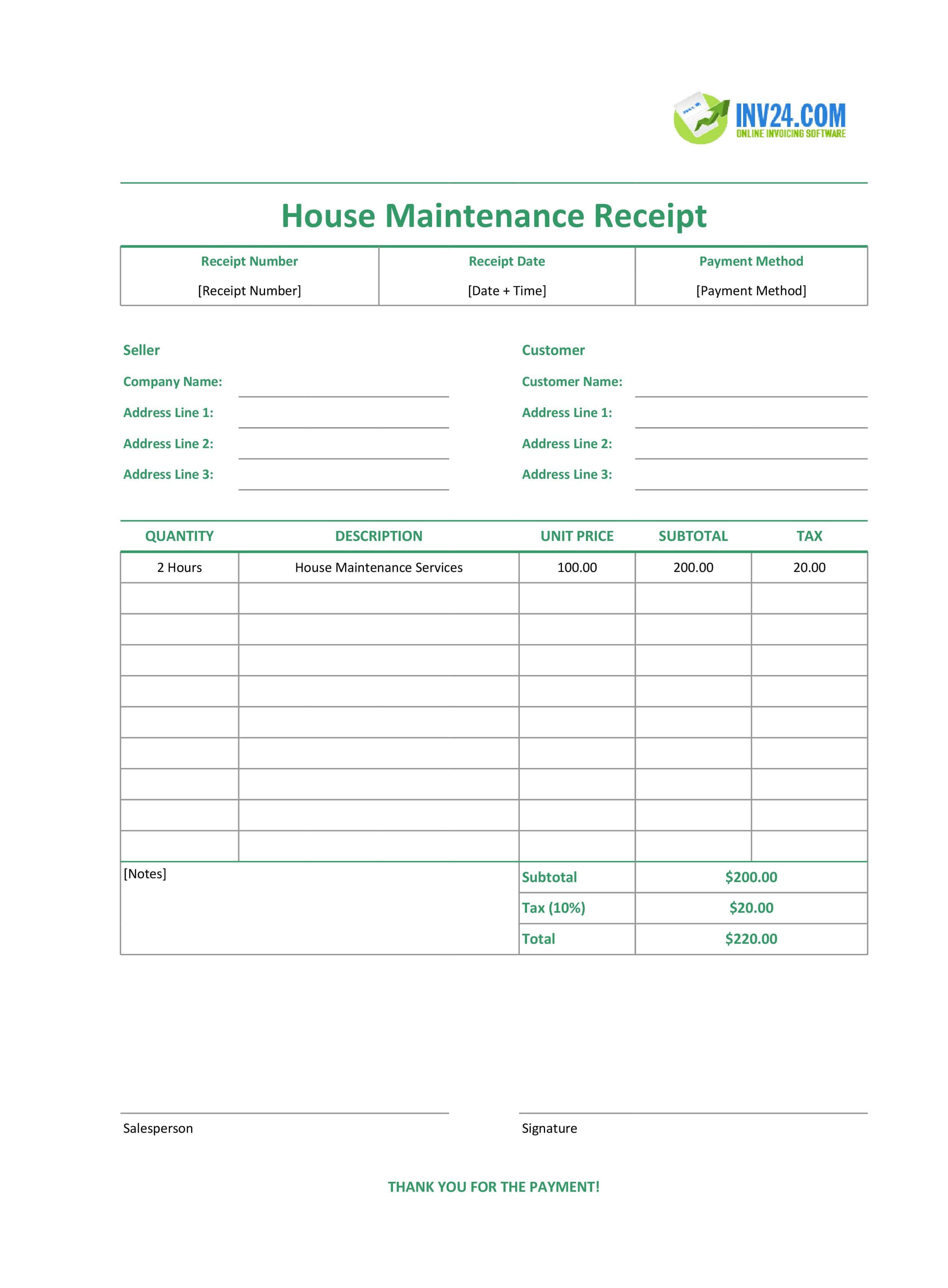 House Maintenance Receipt Template (Excel / Google Sheets)