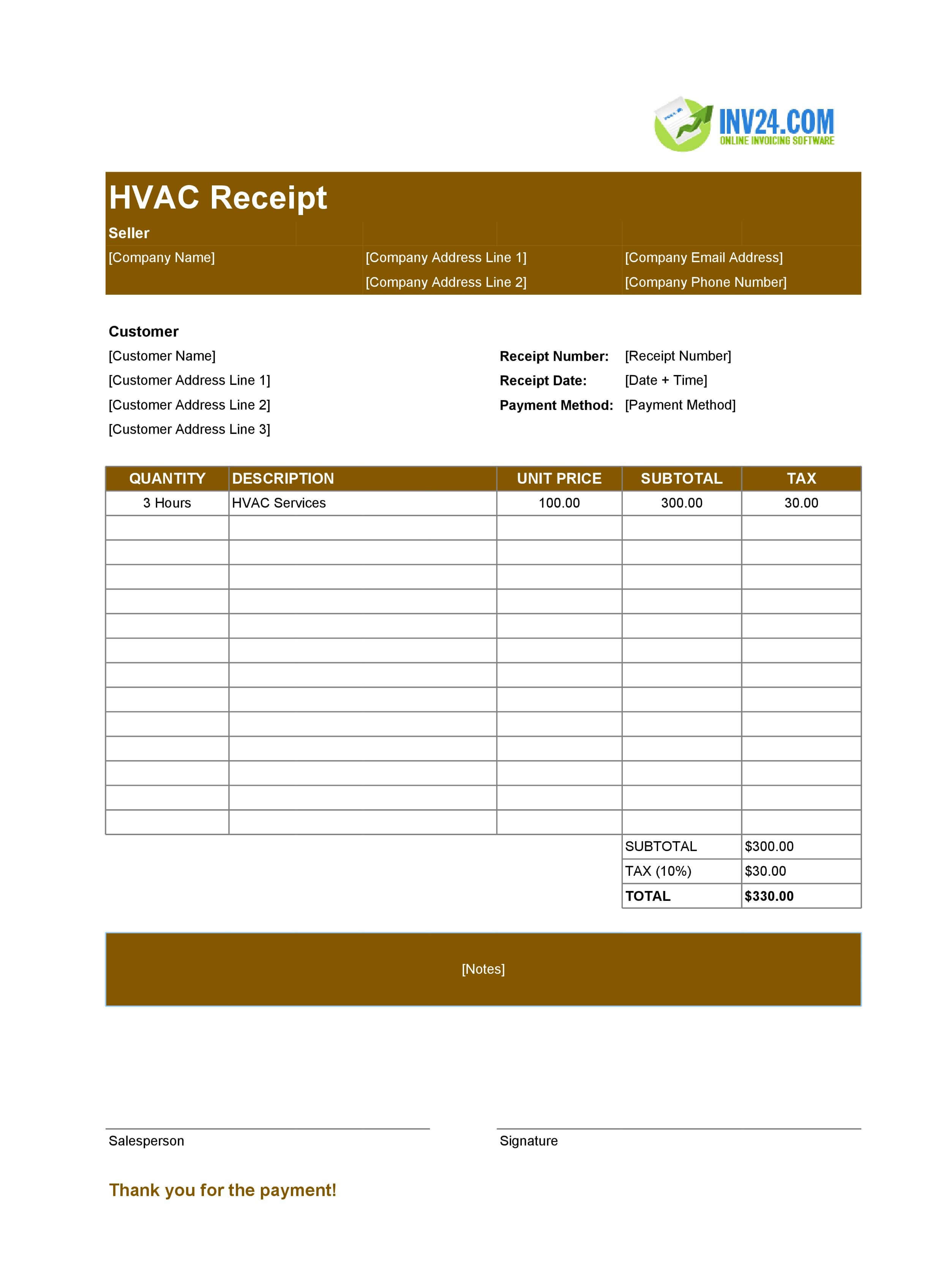 HVAC Receipt Template (Excel / Google Sheets) HVAC Receipt Template (Excel / Google Sheets)