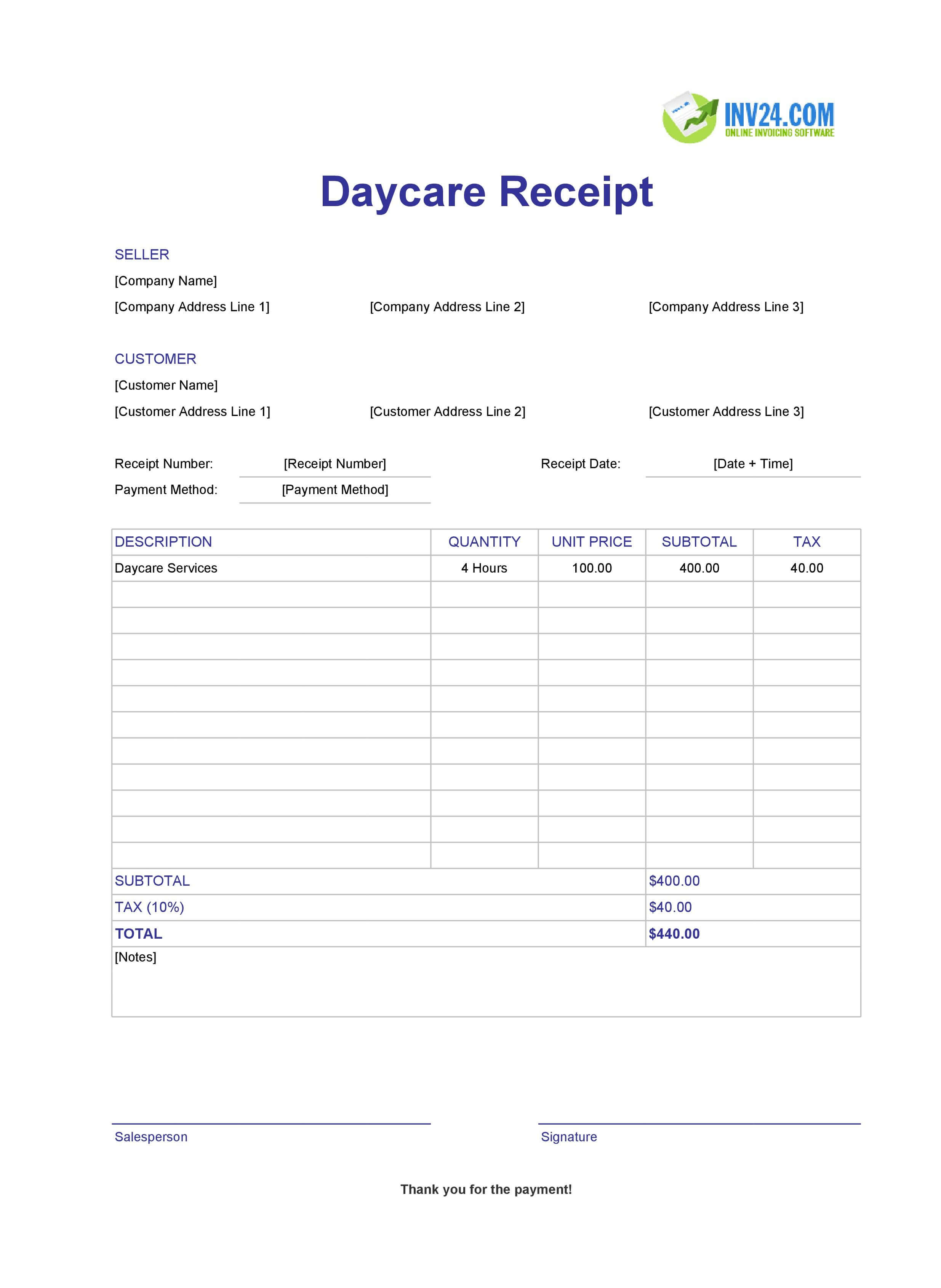 Itemized Daycare Receipt Template (Excel / Google Sheets)