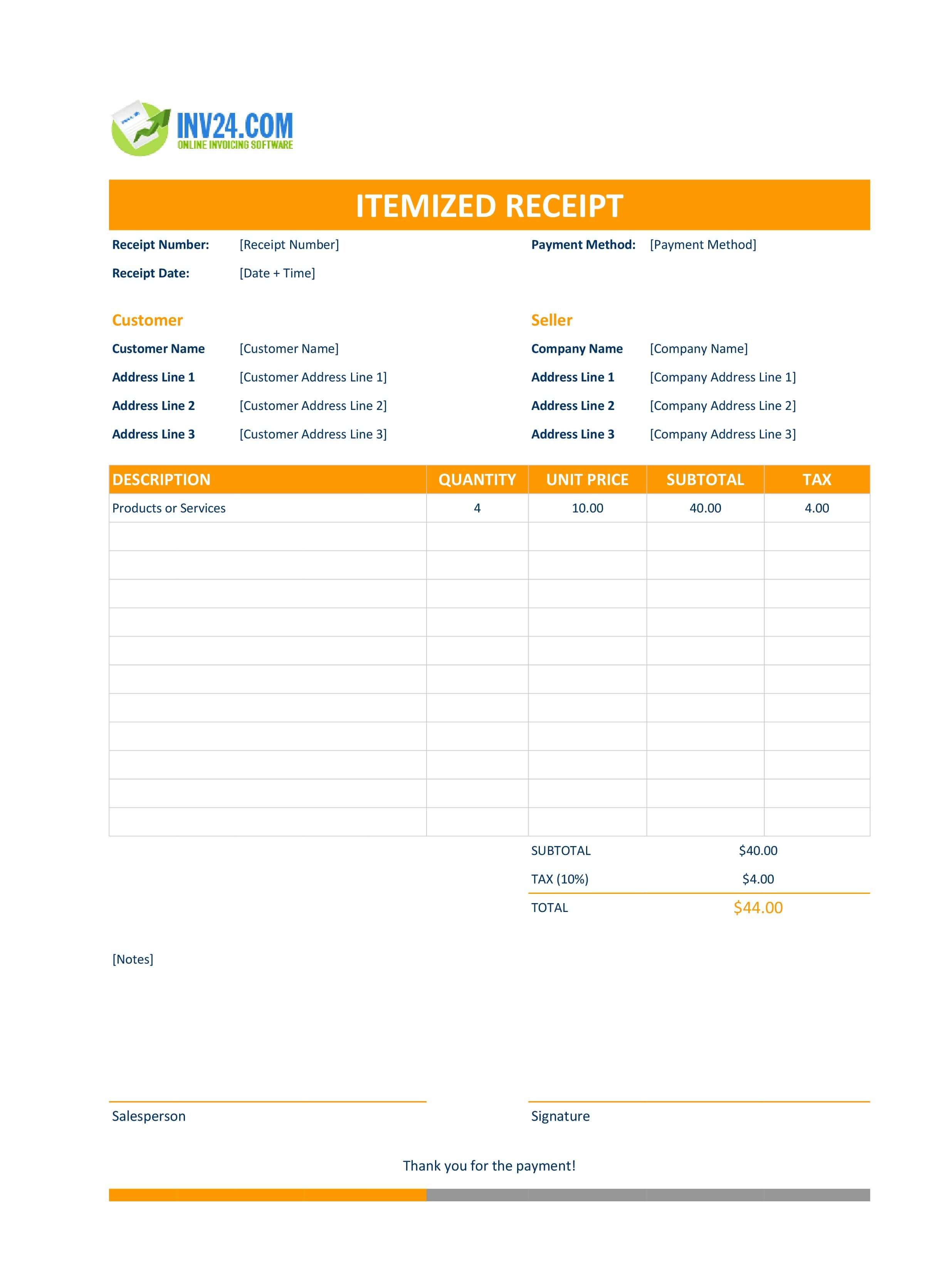 Itemized Receipt Template (Excel / Google Sheets)