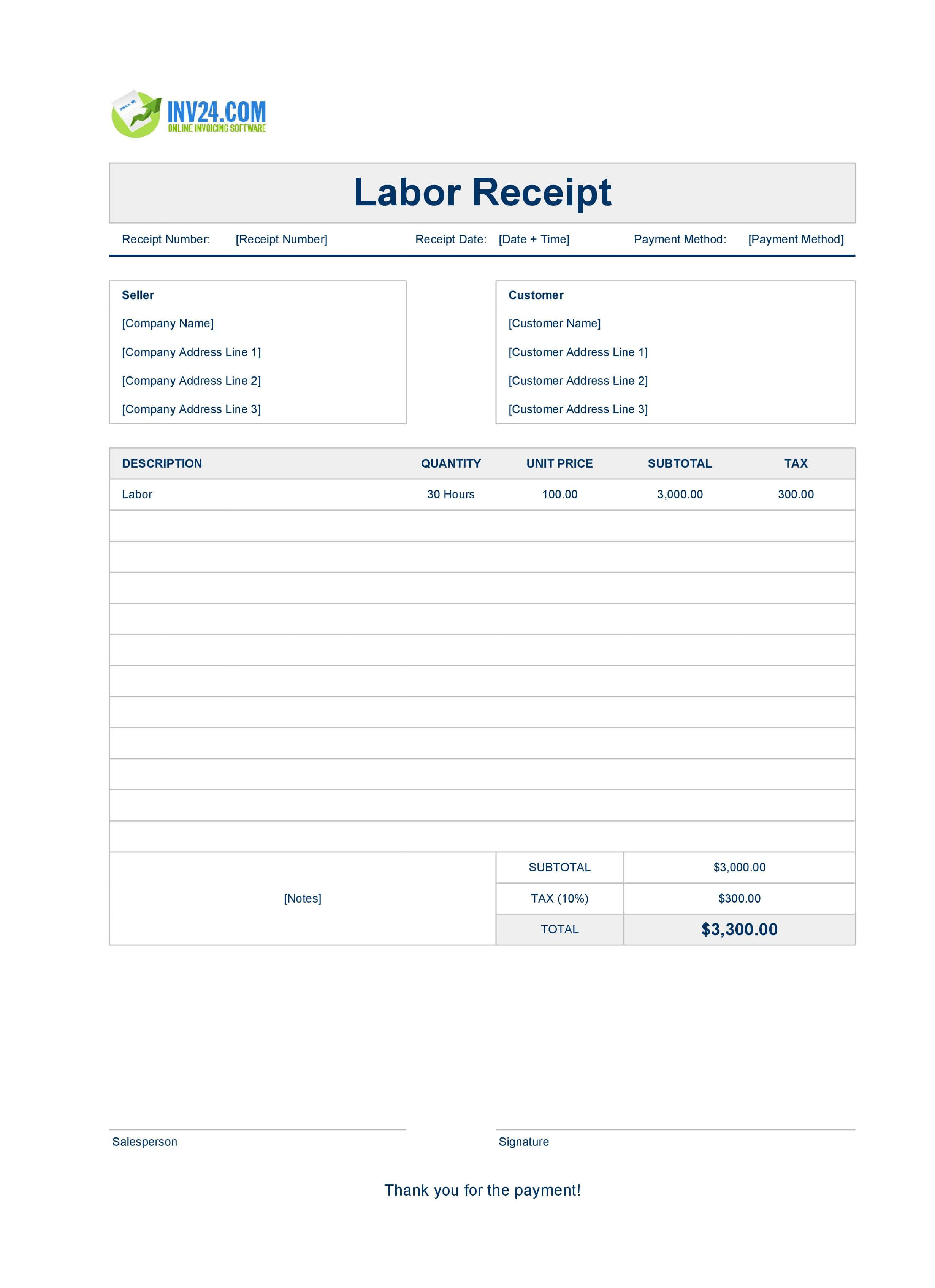 Labor Receipt Template (Excel / Google Sheets)