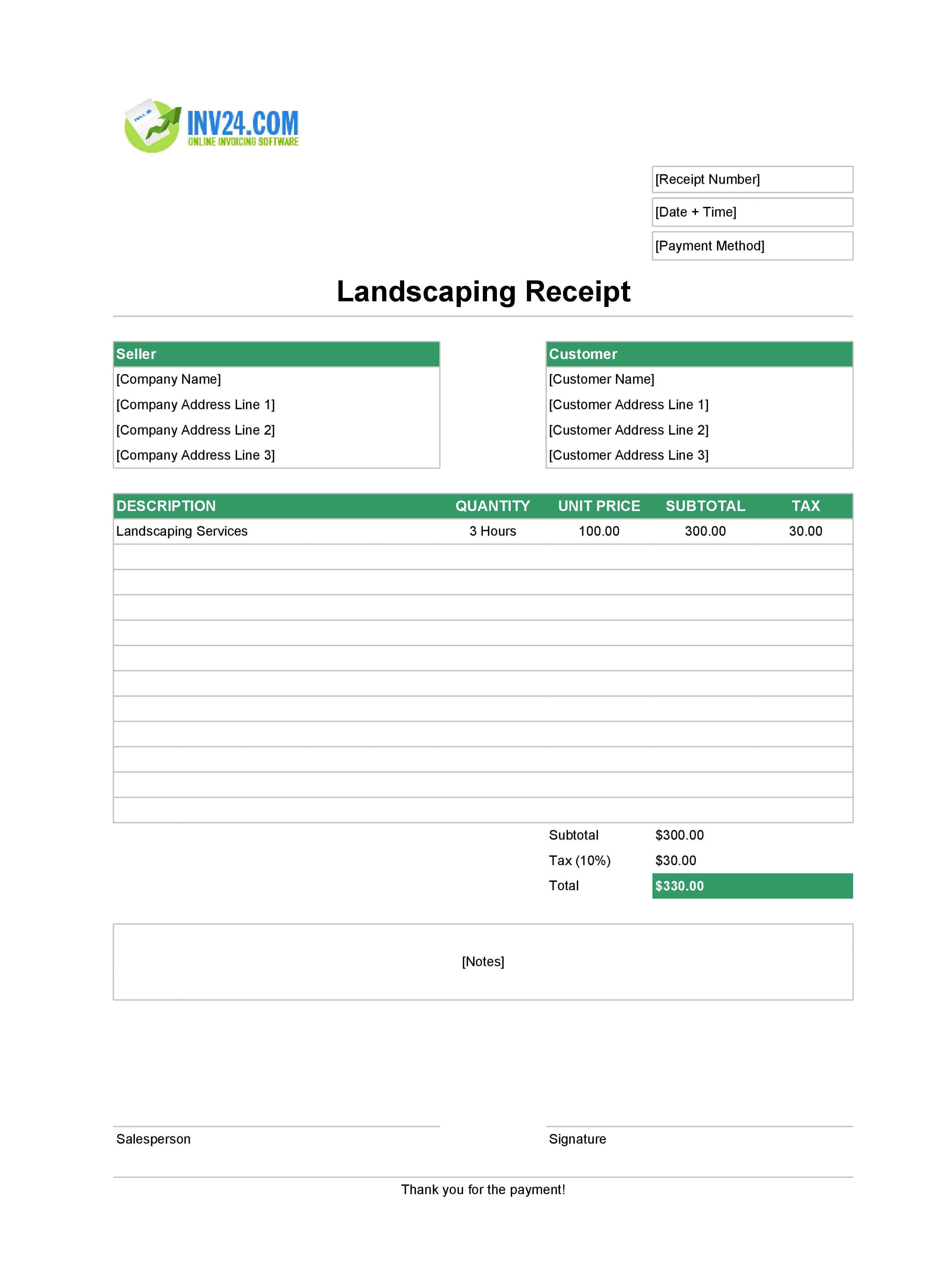 Landscaping Receipt Template (Excel / Google Sheets)