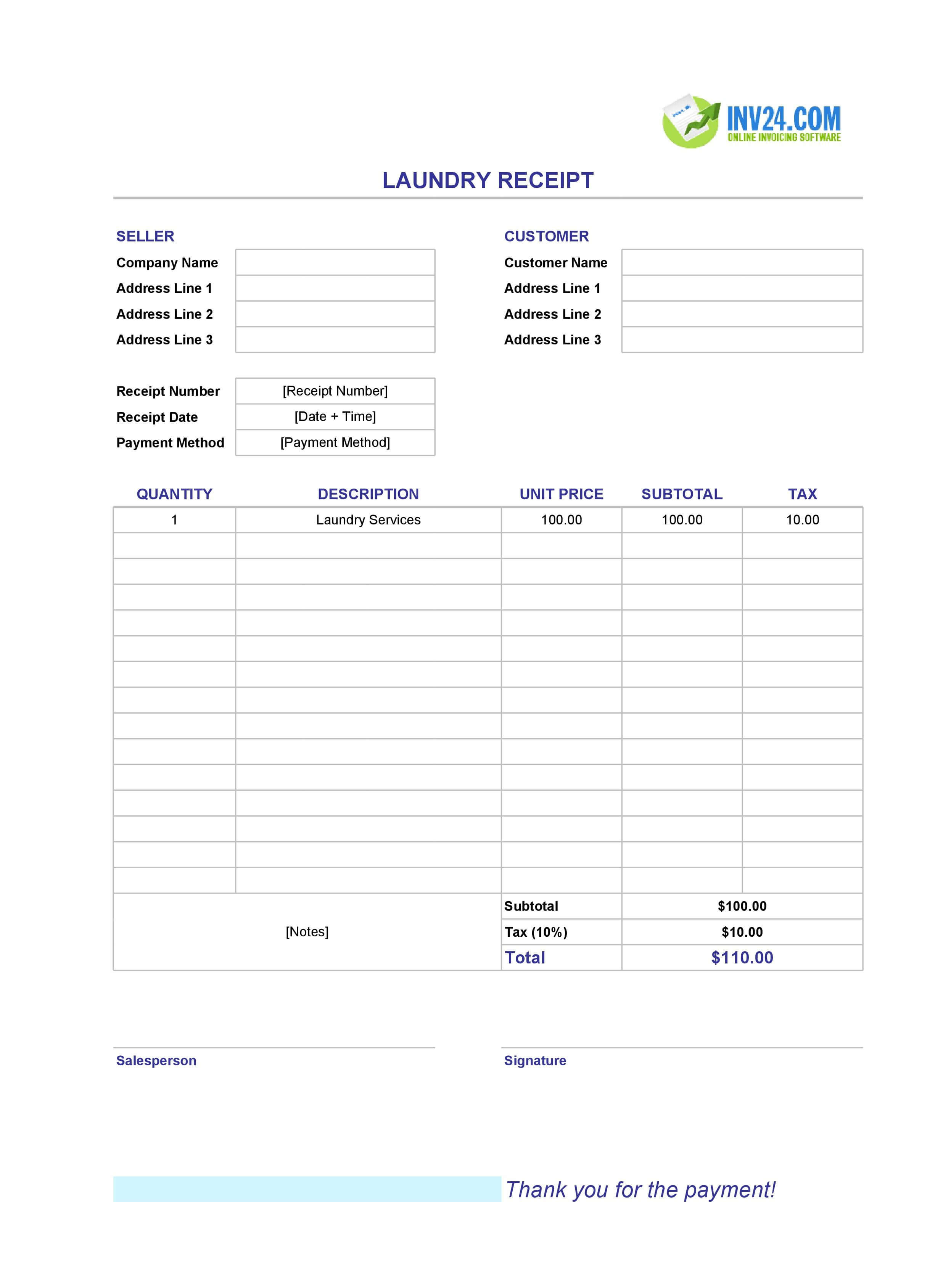 Laundry Receipt Template (Excel / Google Sheets)