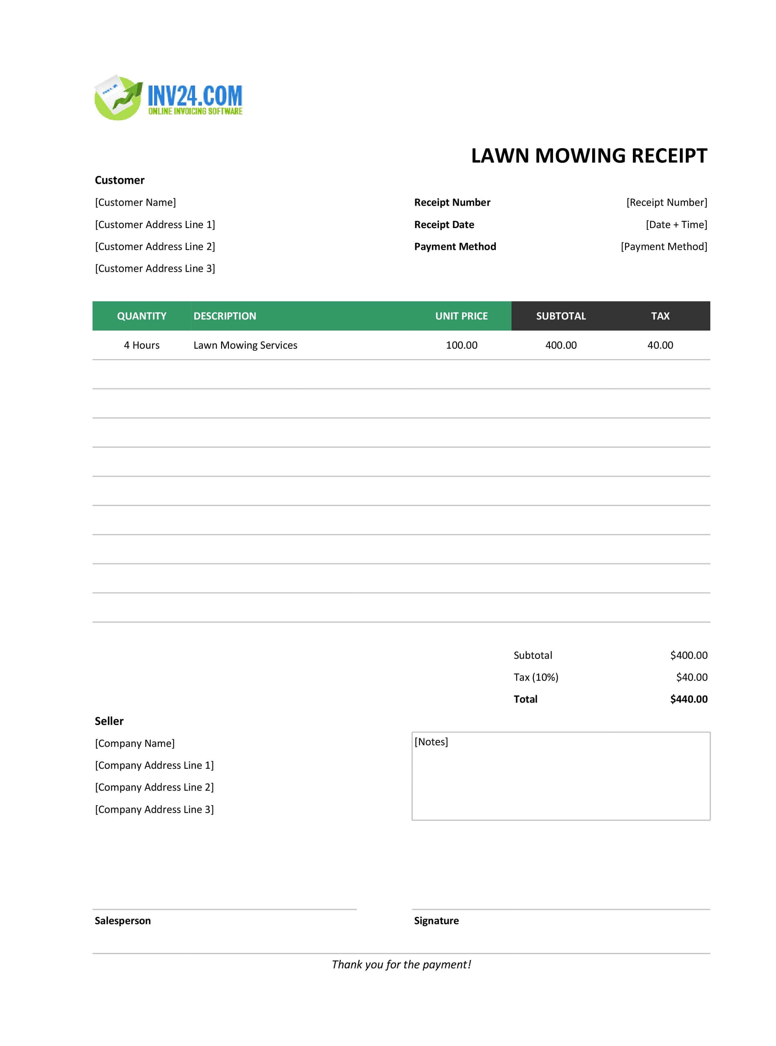 Lawn Mowing Receipt Template (Excel / Google Sheets)