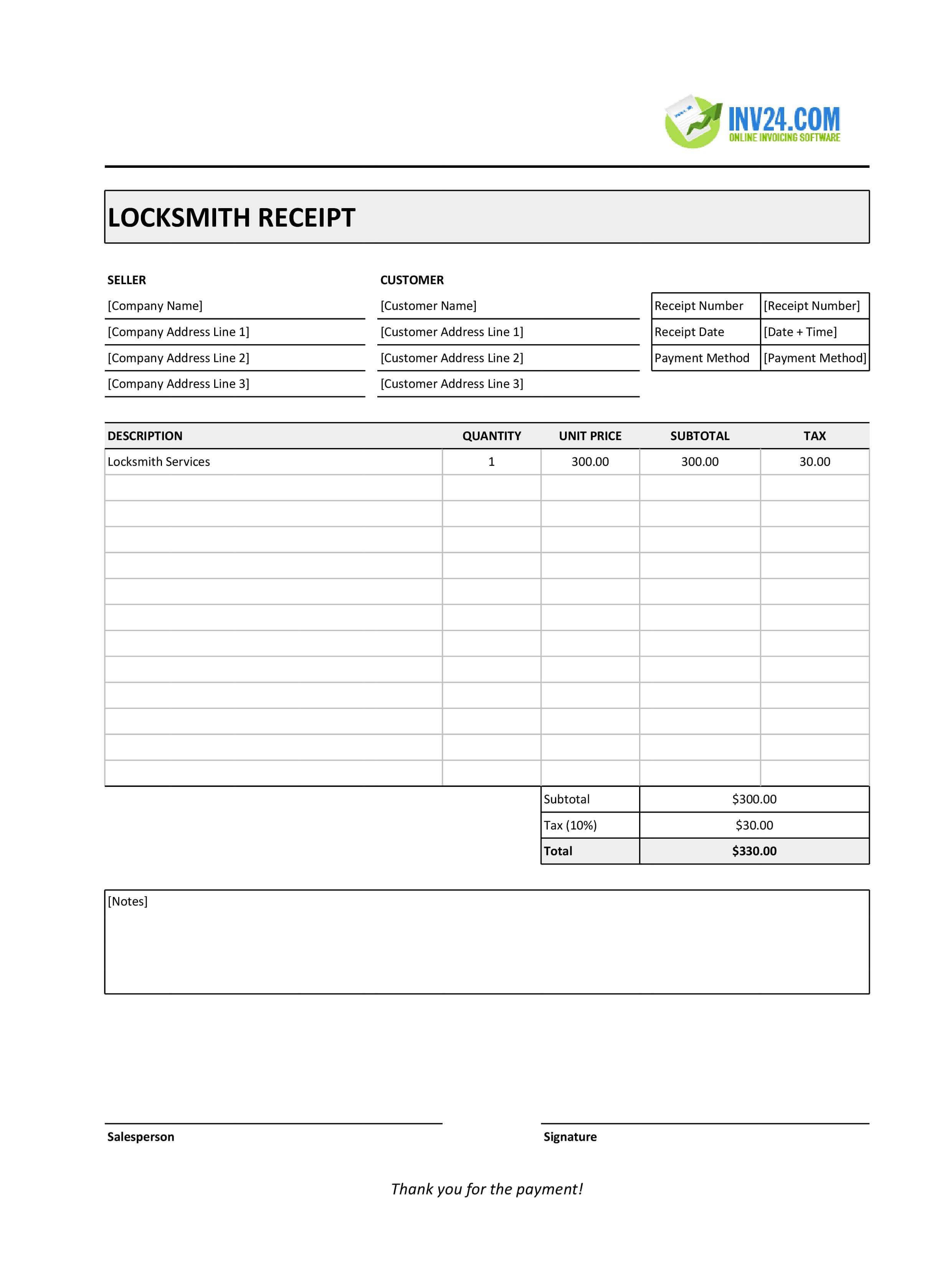 Locksmith Receipt Template (Excel / Google Sheets)