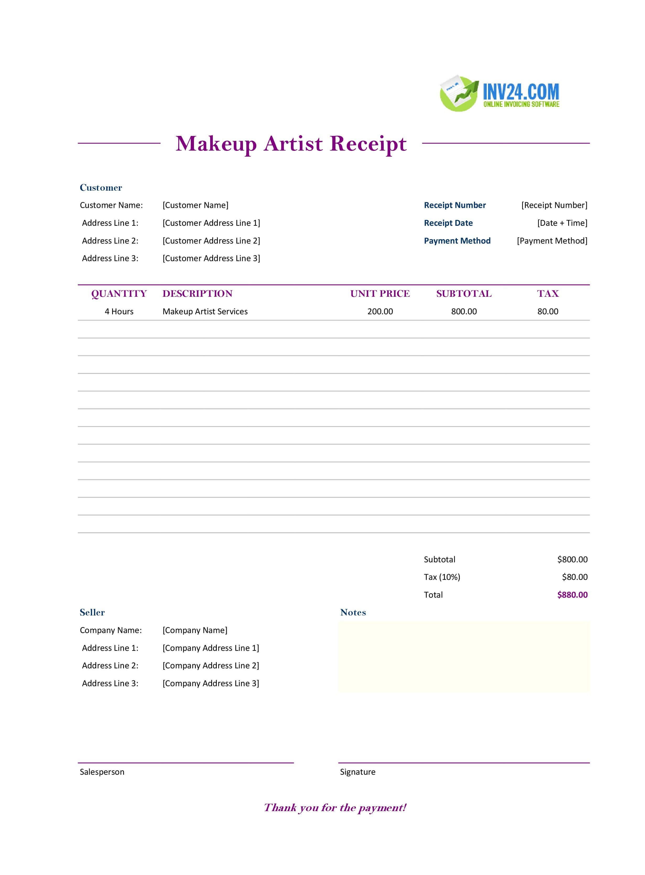 Makeup Artist Receipt Template (Excel / Google Sheets) Makeup Artist Receipt Template (Excel / Google Sheets)