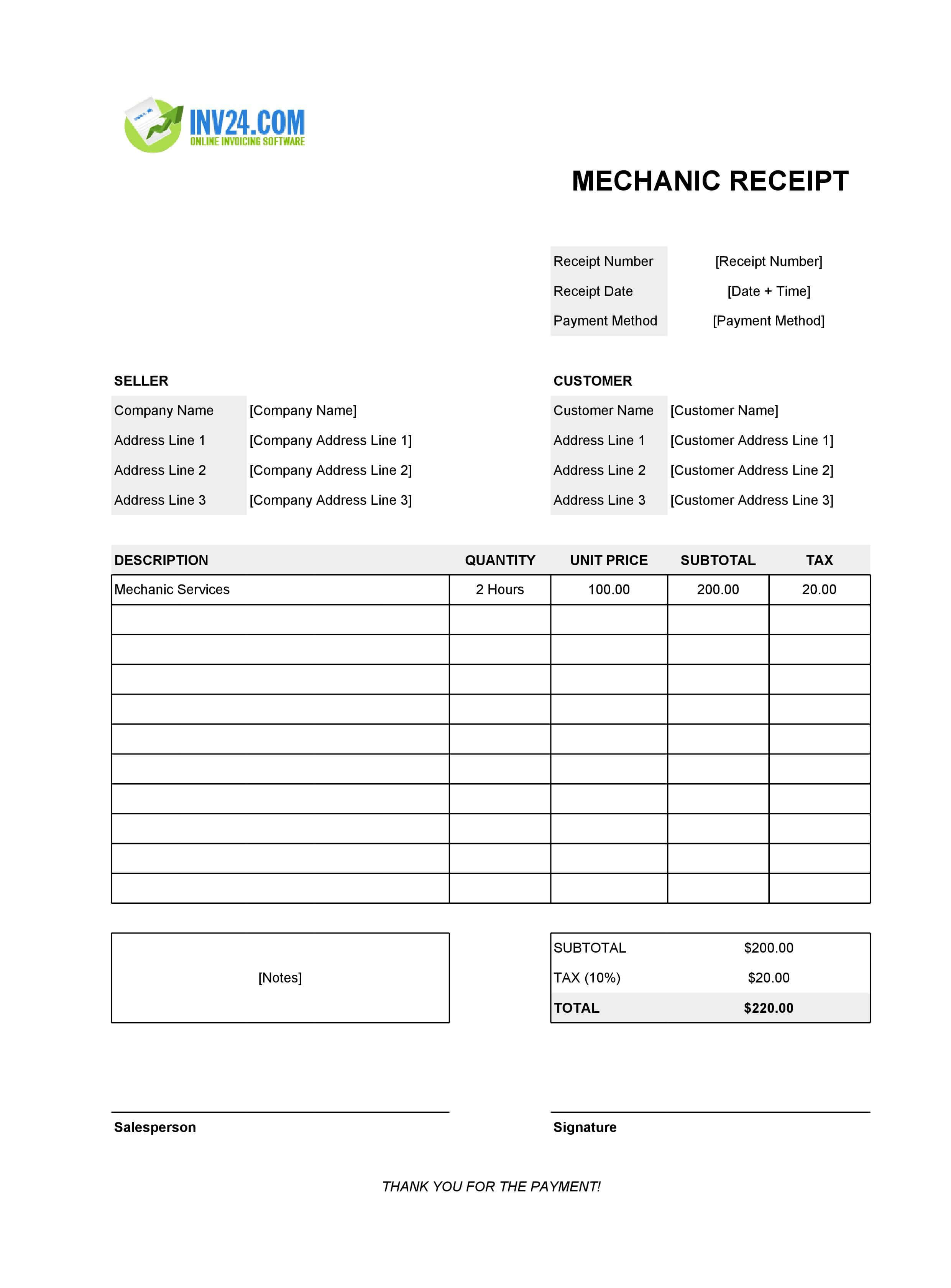 Mechanic Receipt Template (Excel / Google Sheets) Mechanic Receipt Template (Excel / Google Sheets)
