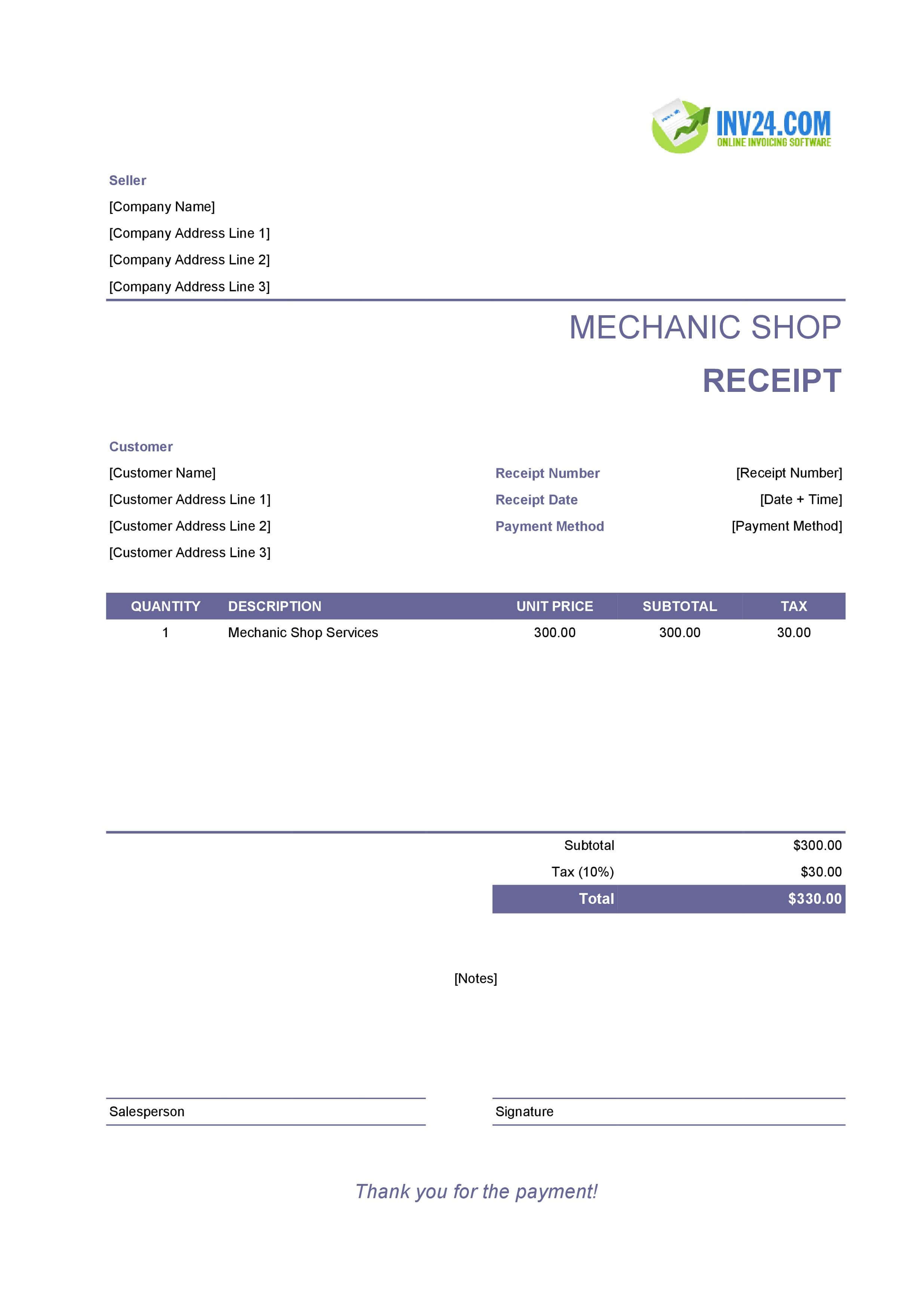 Mechanic Shop Receipt Template (Excel / Google Sheets) Mechanic Shop Receipt Template (Excel / Google Sheets)