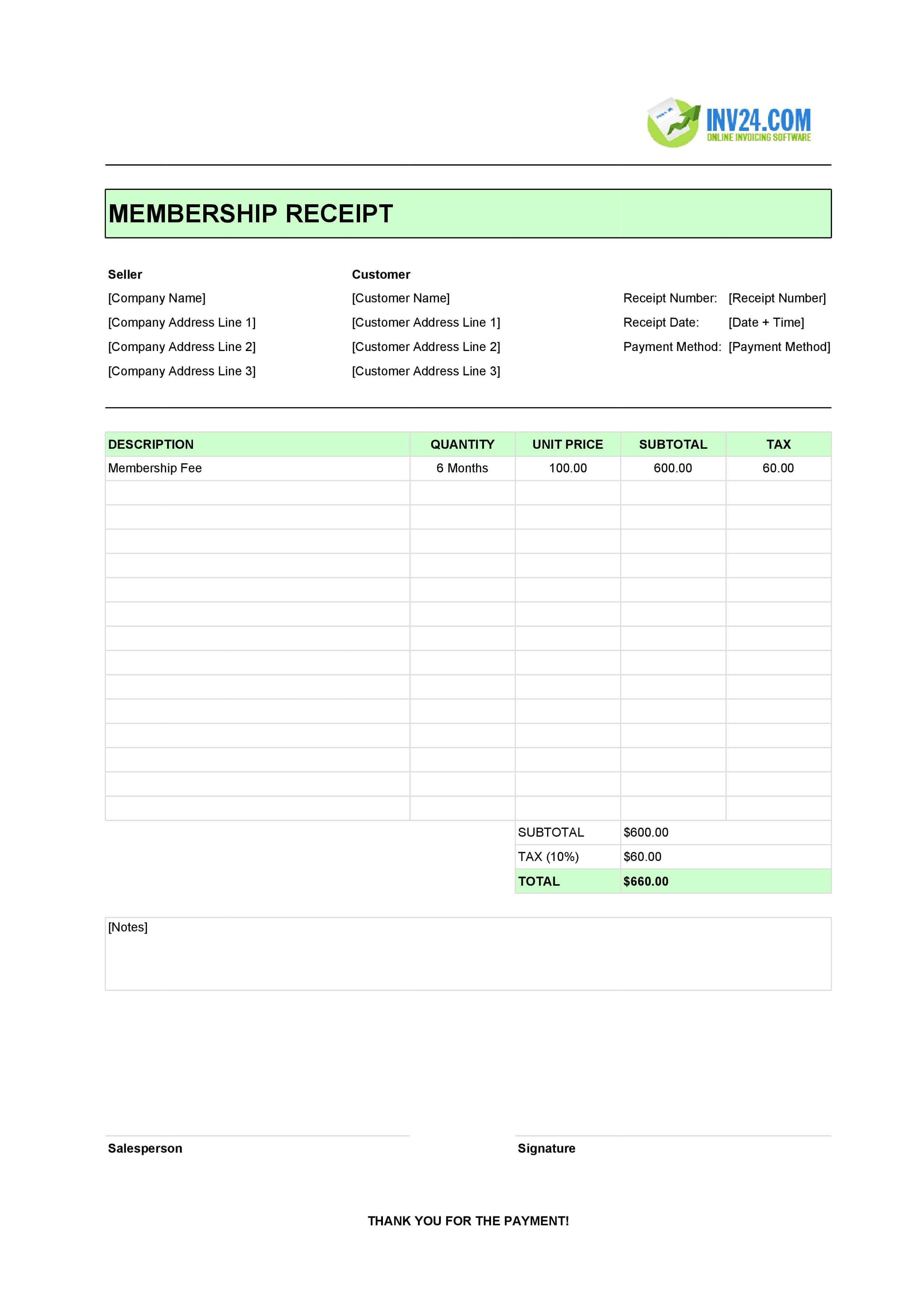 Membership Receipt Template (Excel / Google Sheets)