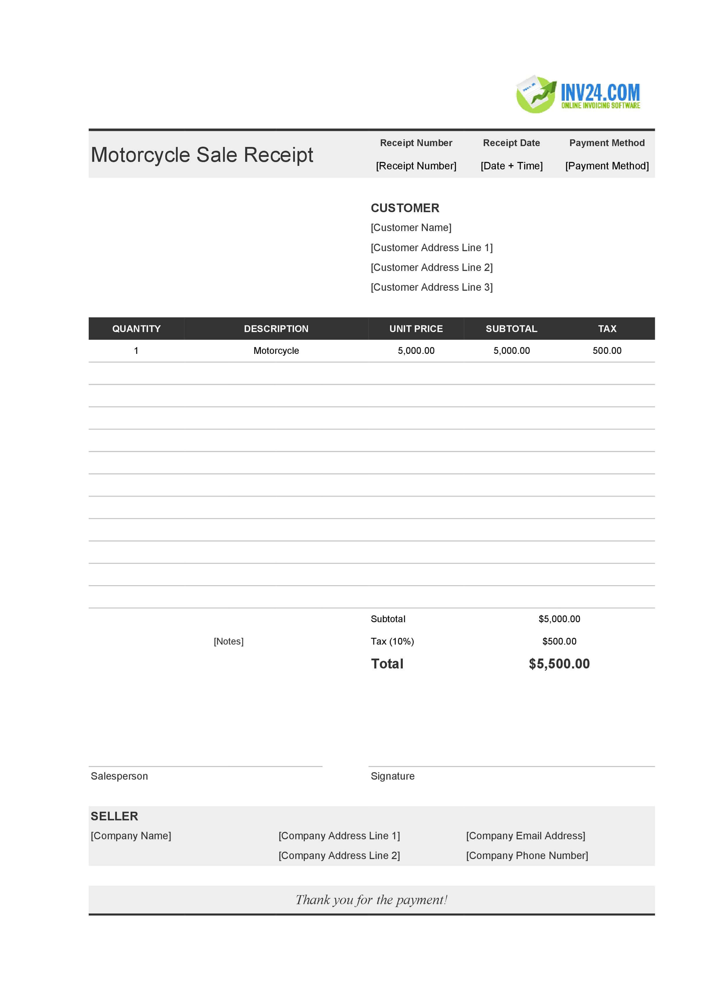 Motorcycle Sale Receipt Template (Excel / Google Sheets) Motorcycle Sale Receipt Template (Excel / Google Sheets)
