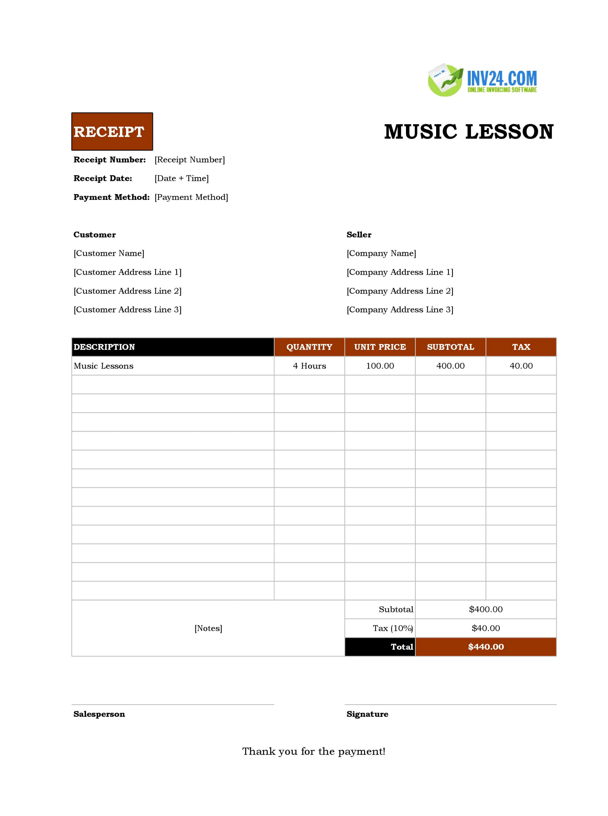 Music Lesson Receipt Template (Excel / Google Sheets)