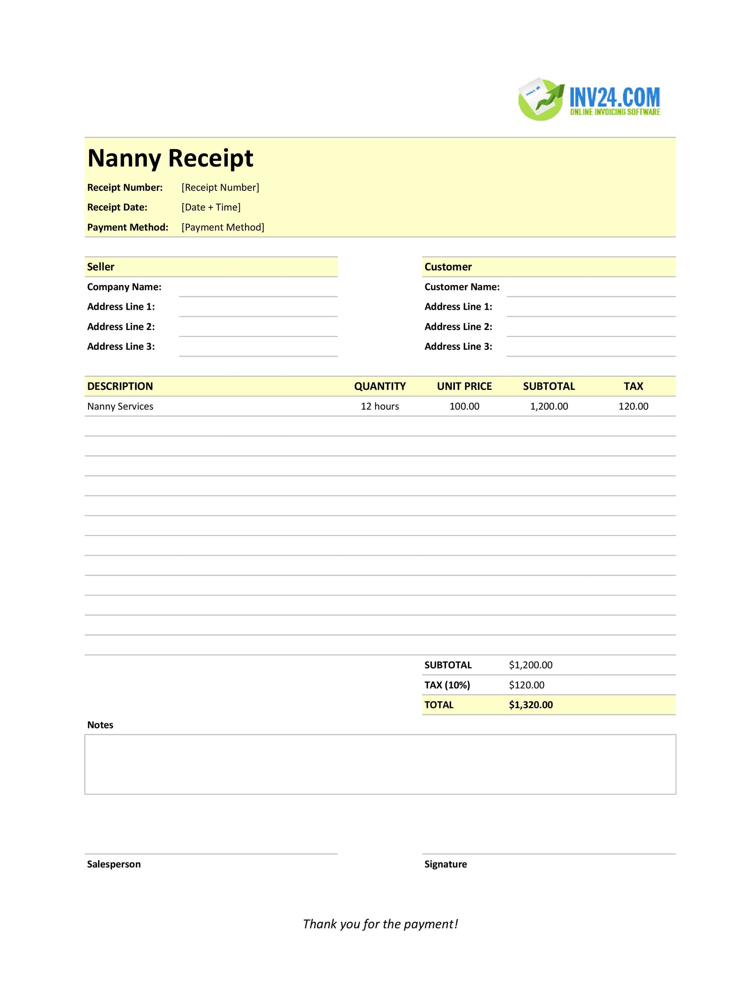 Nanny Receipt Template (Excel / Google Sheets) Nanny Receipt Template (Excel / Google Sheets)