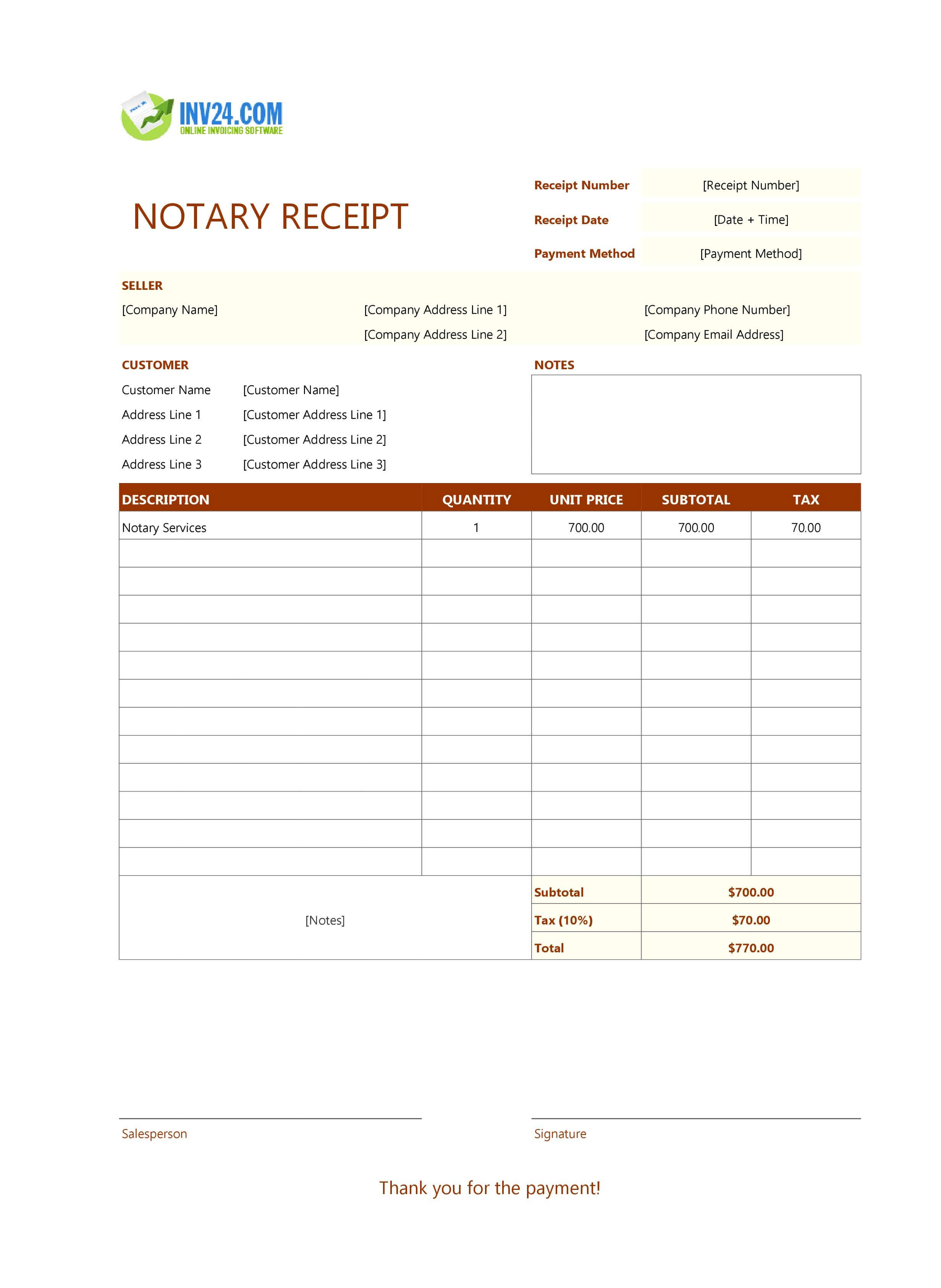 Notary Receipt Template (Excel / Google Sheets)