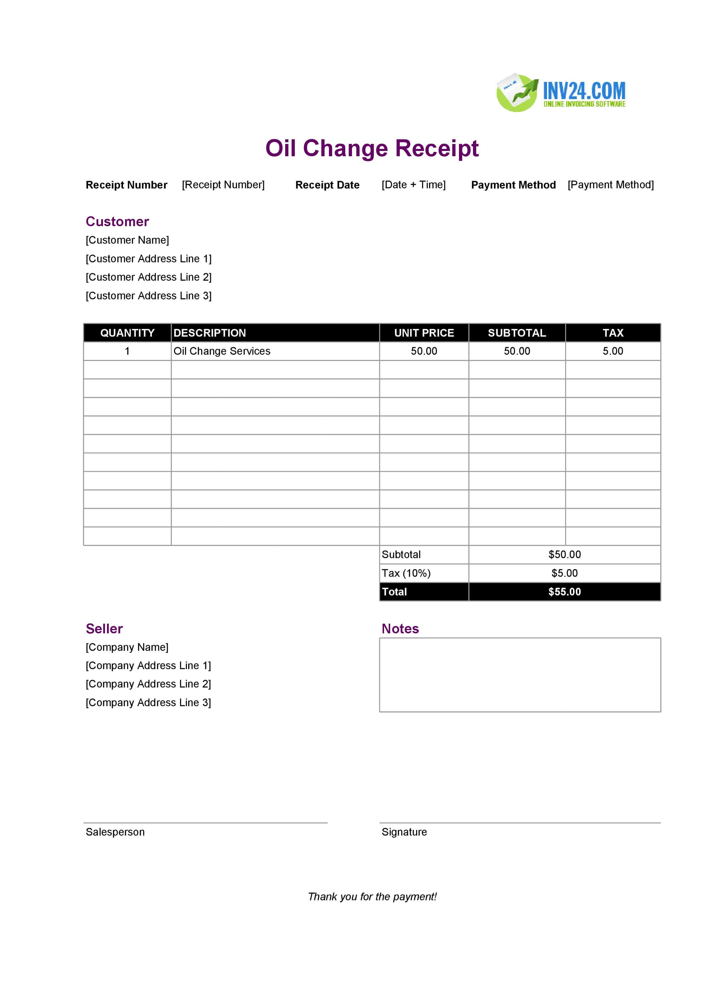 Oil Change Receipt Template (Excel / Google Sheets) Oil Change Receipt Template (Excel / Google Sheets)