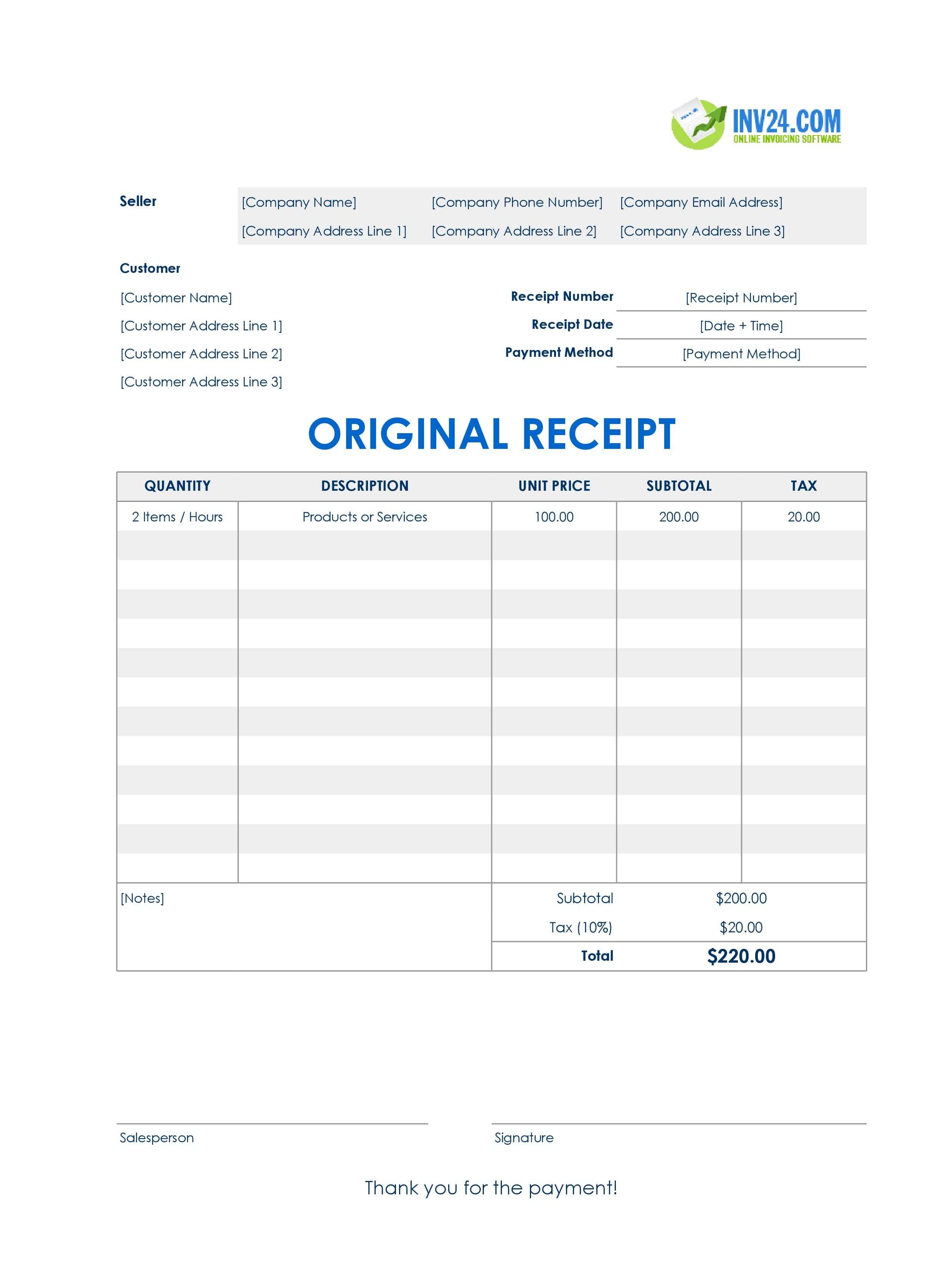 Original Receipt Template (Excel / Google Sheets)