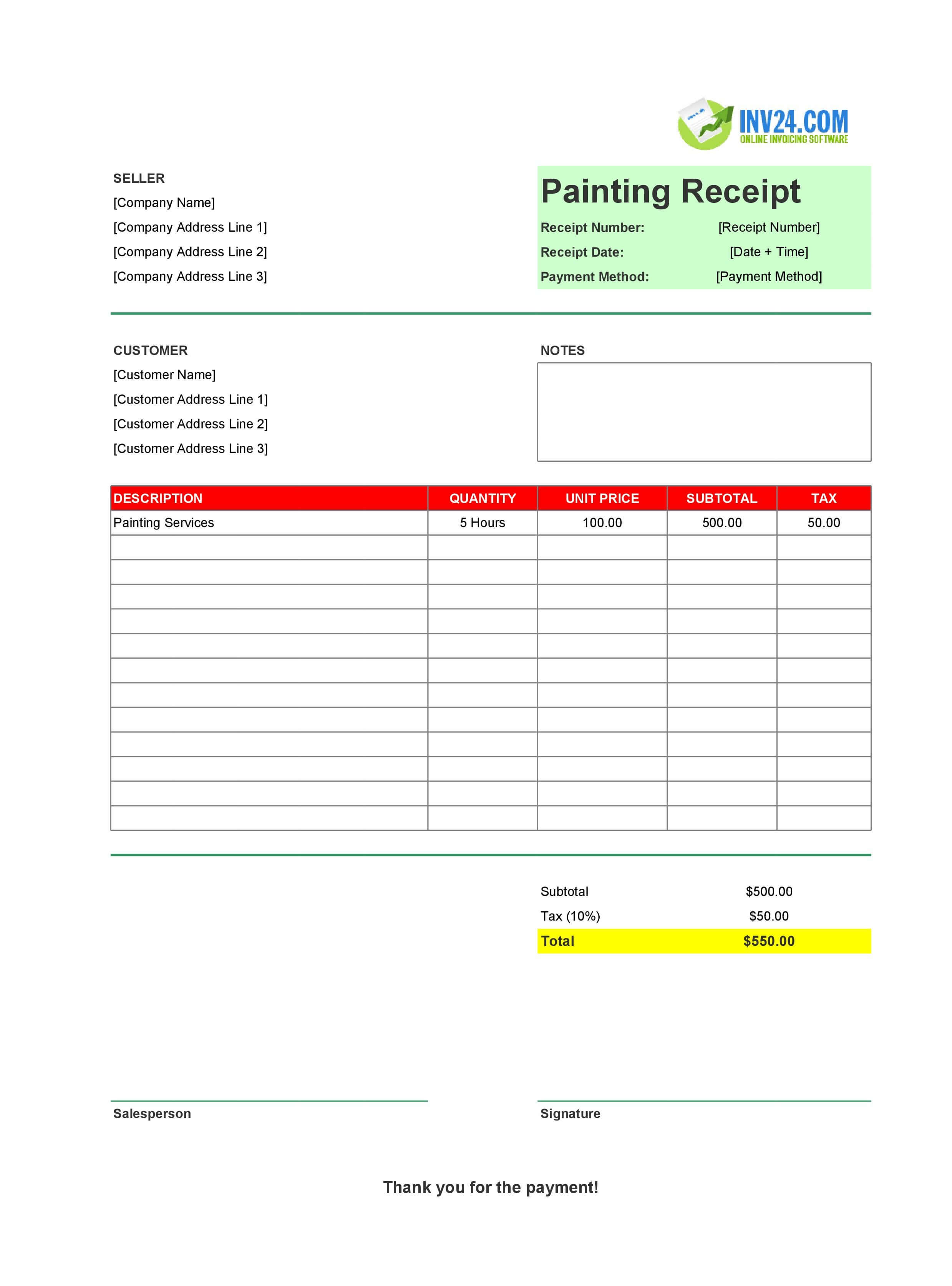 Painting Receipt Template (Excel / Google Sheets) Painting Receipt Template (Excel / Google Sheets)