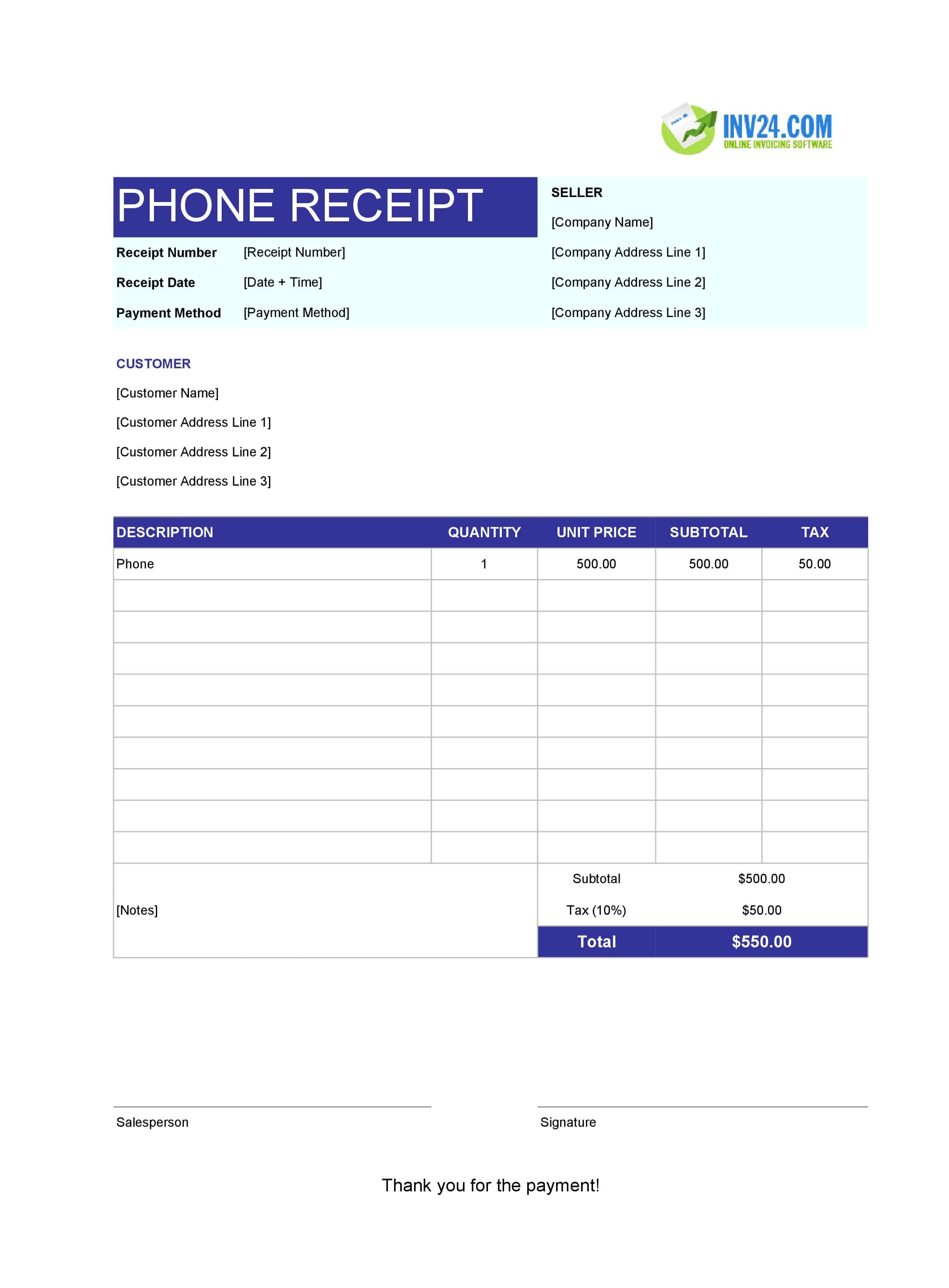 Phone Receipt Template (Excel / Google Sheets)