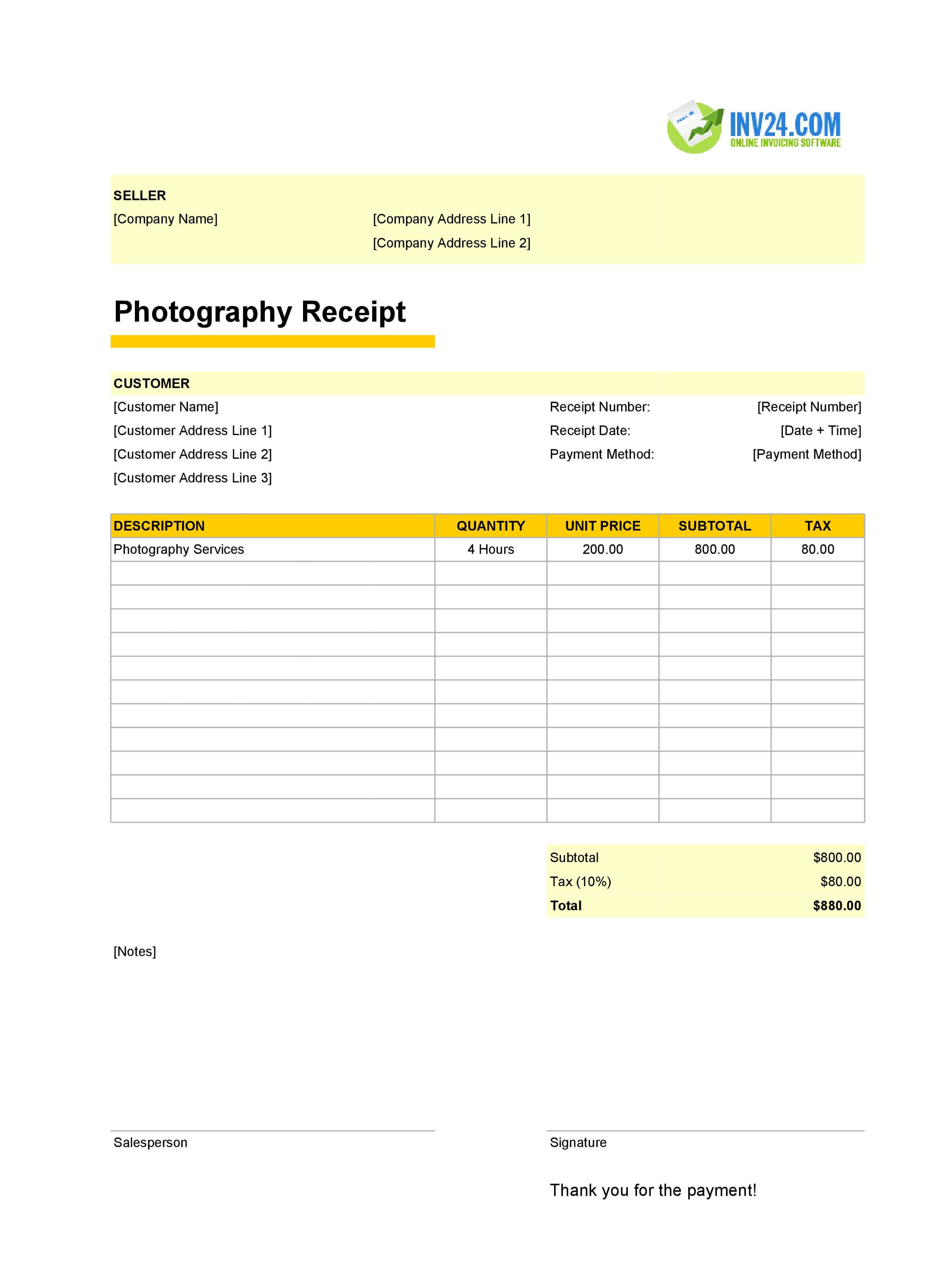 Photography Receipt Template (Excel / Google Sheets) Photography Receipt Template (Excel / Google Sheets)