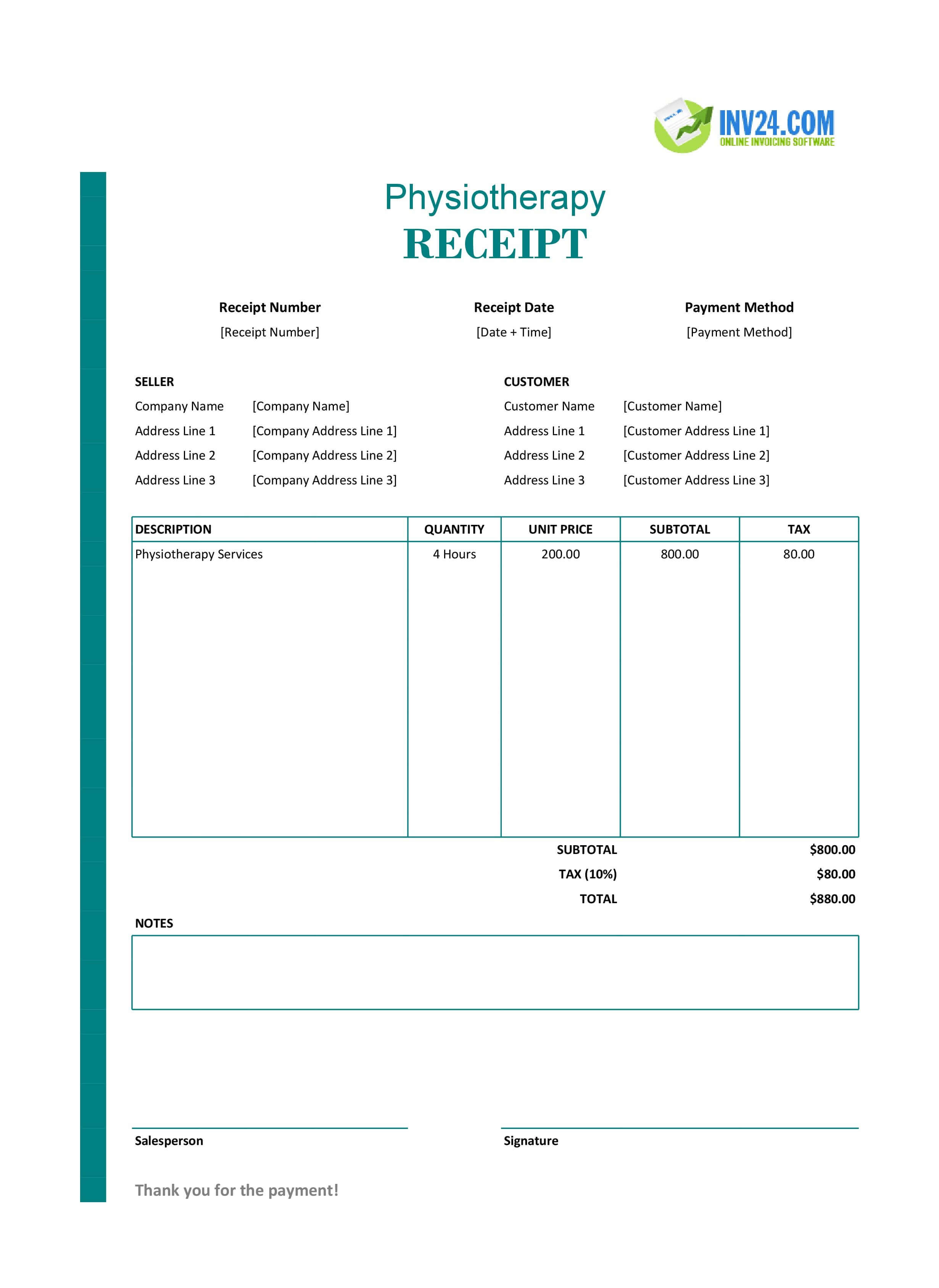 Physiotherapy Receipt Template (Excel / Google Sheets)