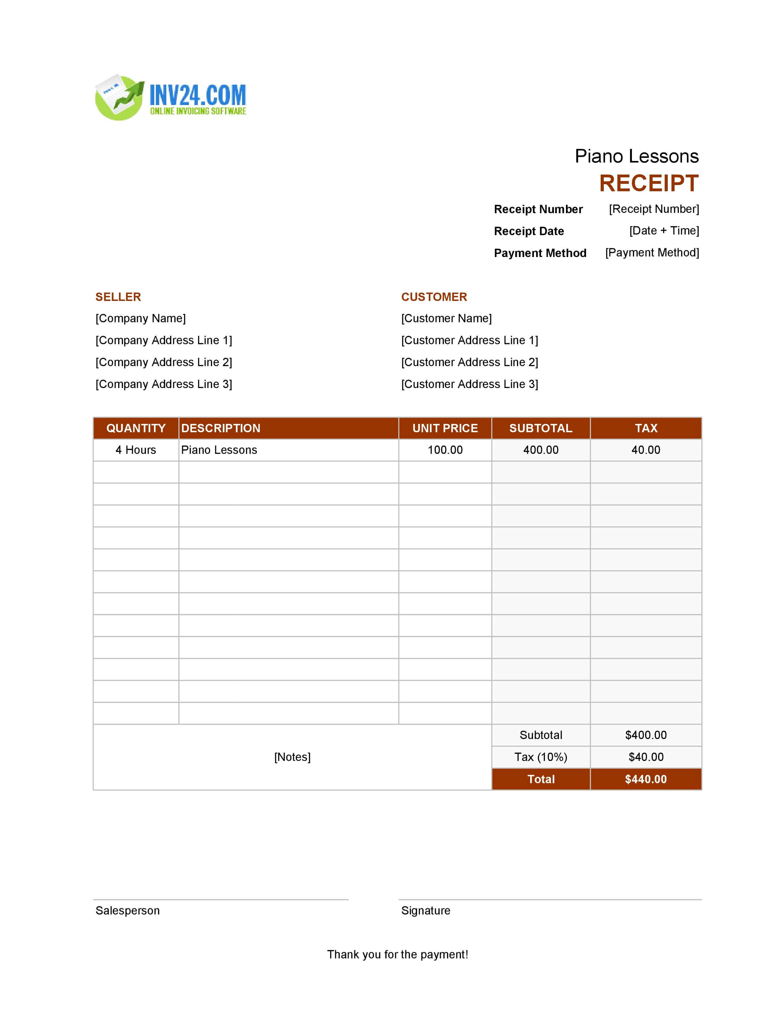 Piano Lessons Receipt Template (Excel / Google Sheets)