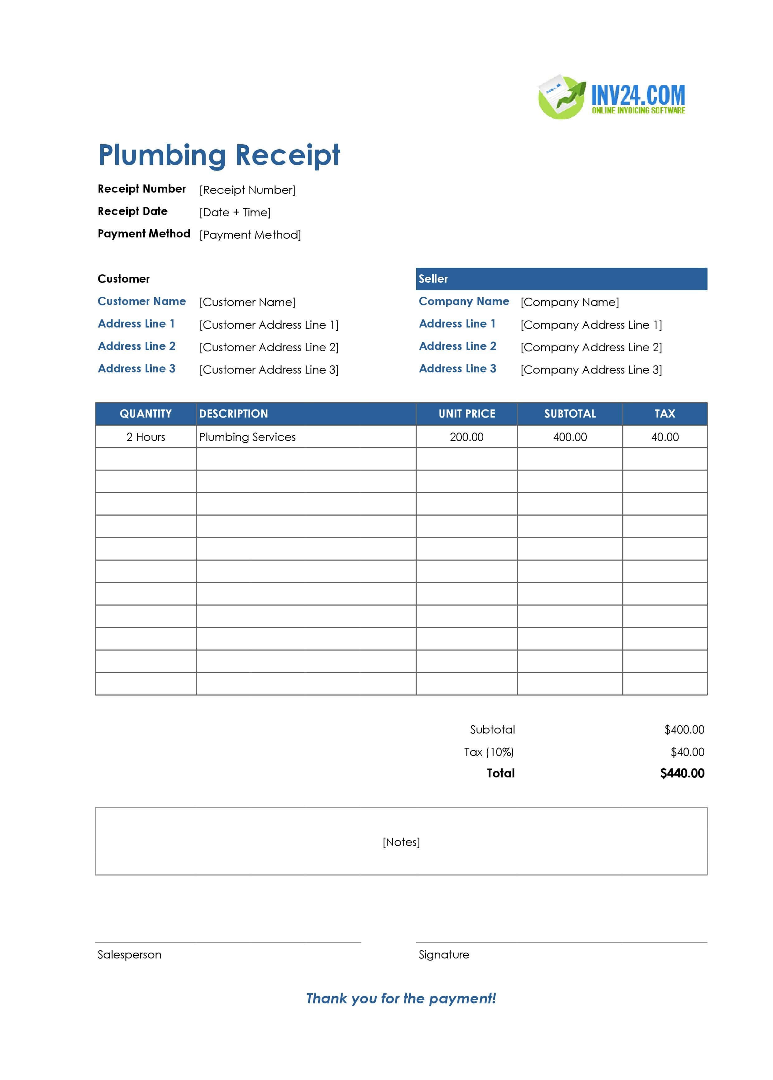 Plumbing Receipt Template (Excel / Google Sheets) Plumbing Receipt Template (Excel / Google Sheets)