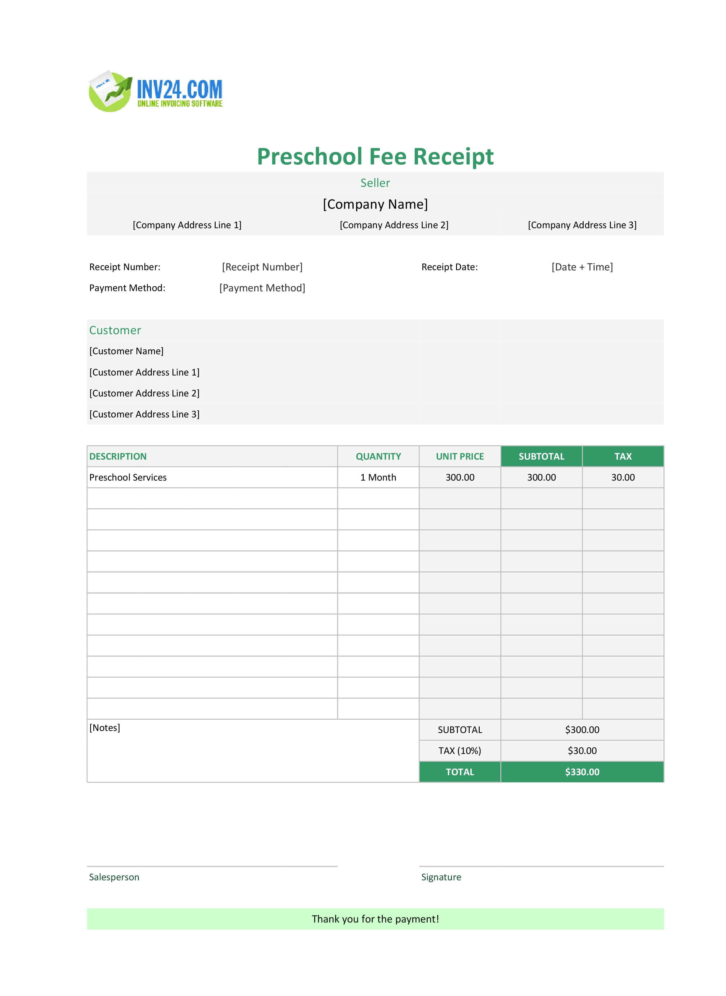 Preschool Fee Receipt Format (Excel / Google Sheets)