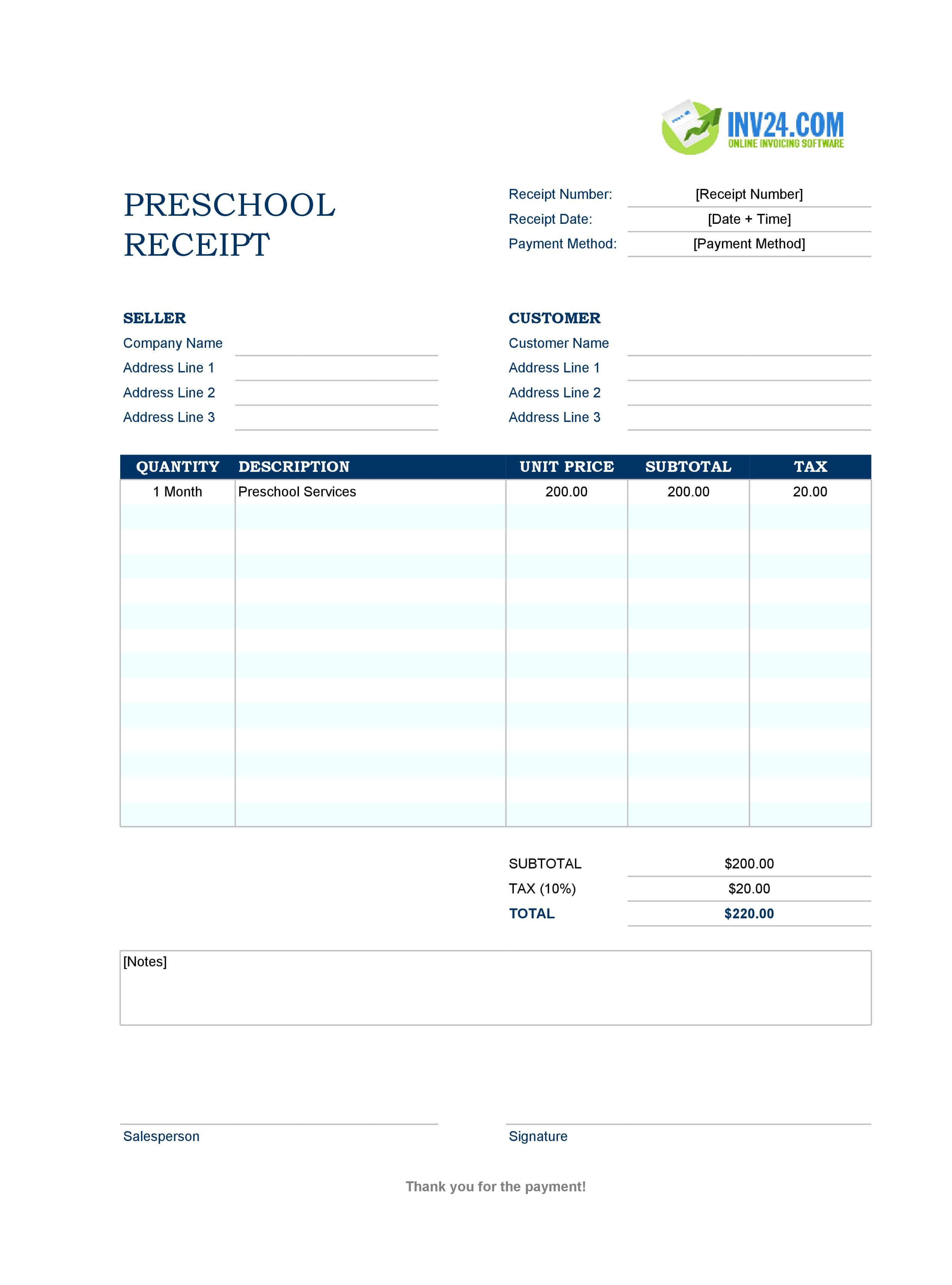 Preschool Receipt Template (Excel / Google Sheets) Preschool Receipt Template (Excel / Google Sheets)