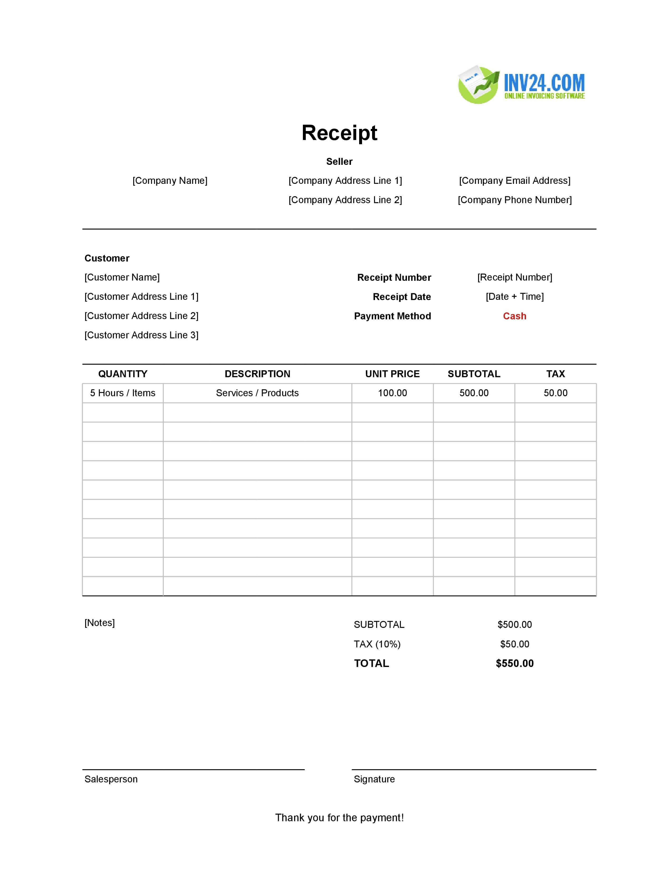 Printable Cash Receipt Template (Excel / Google Sheets)