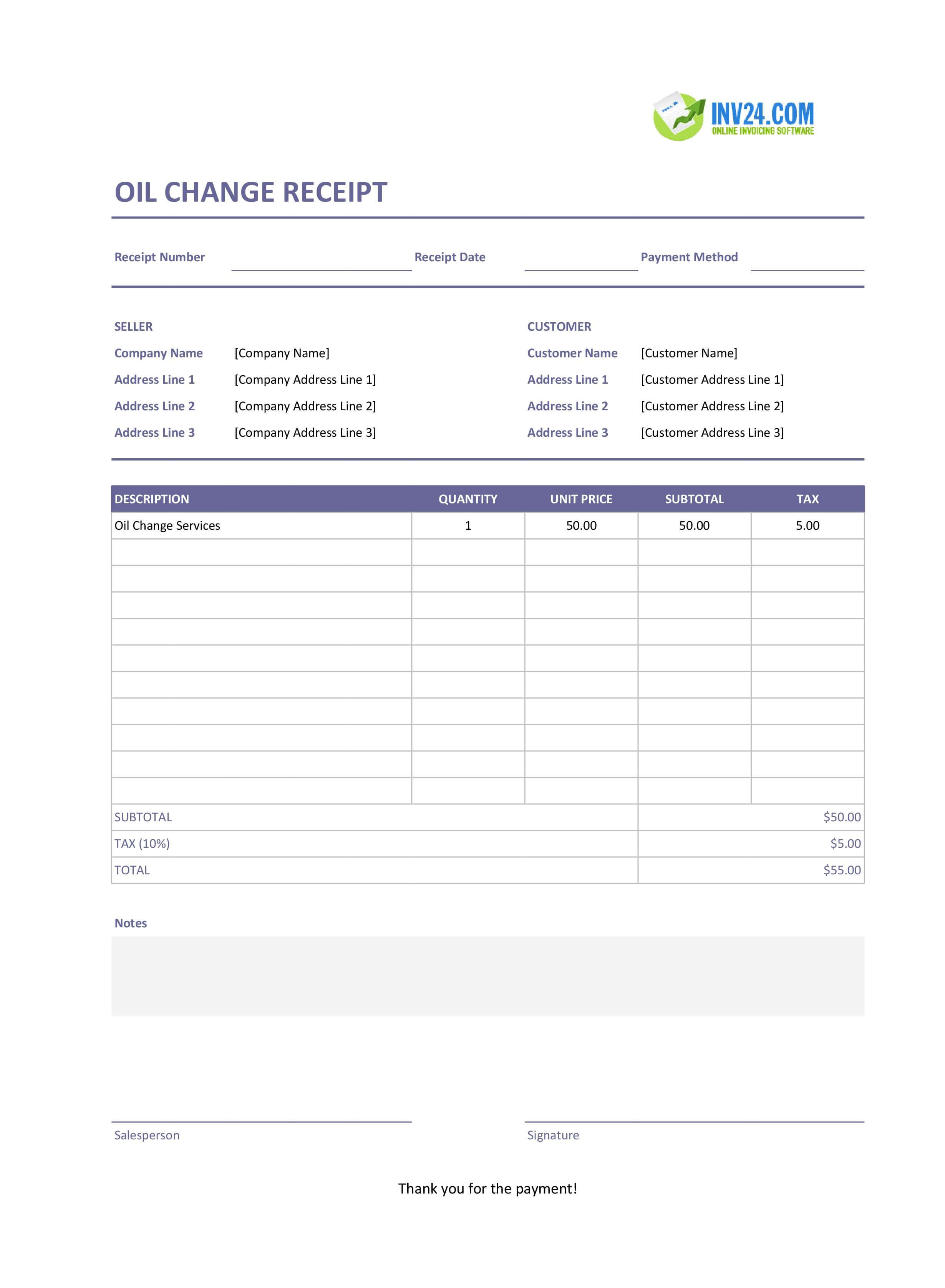 Printable Oil Change Receipt Template (Excel / Google Sheets) Printable Oil Change Receipt Template (Excel / Google Sheets)