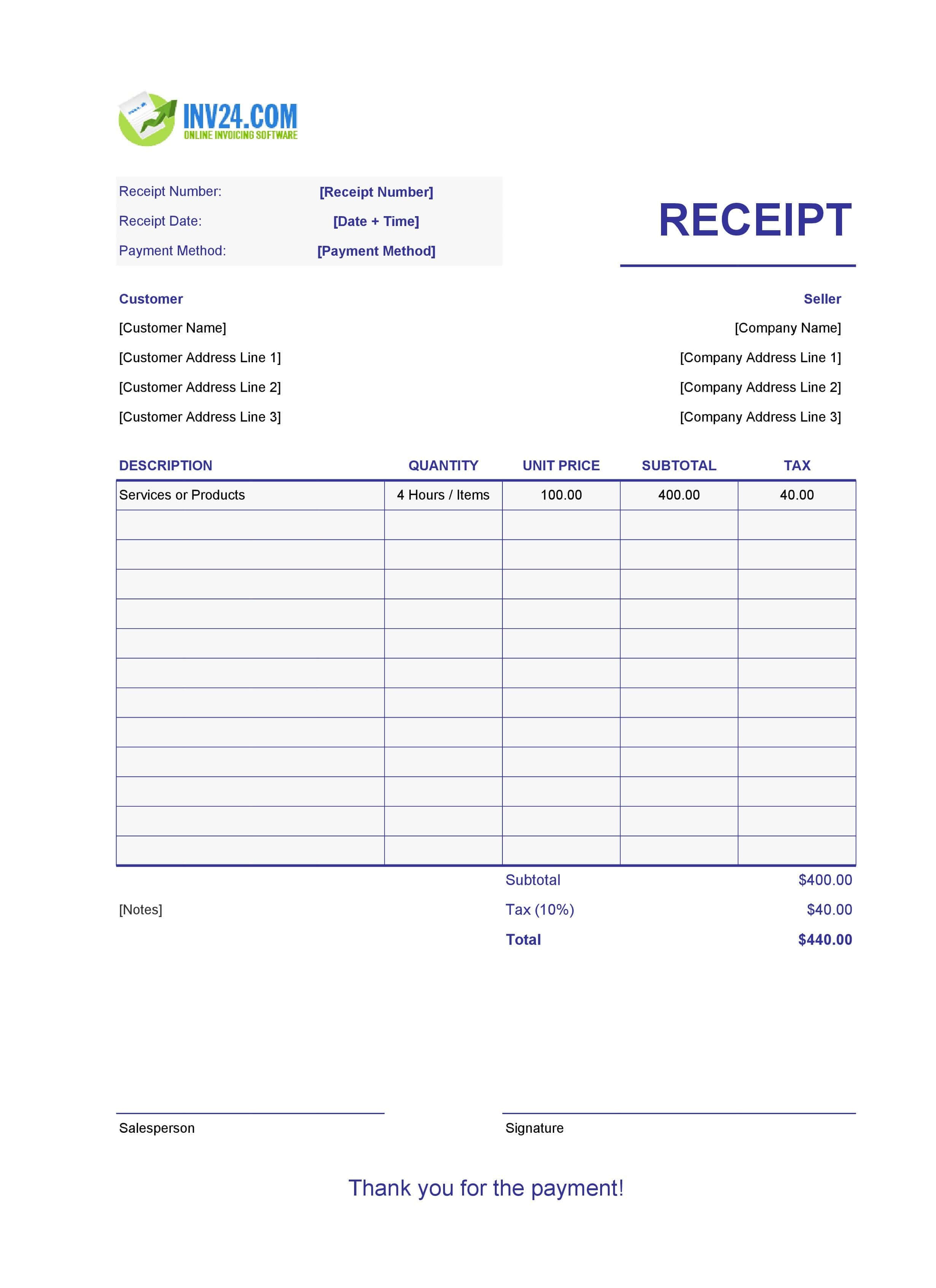Printable Payment Receipt Template (Excel / Google Sheets)
