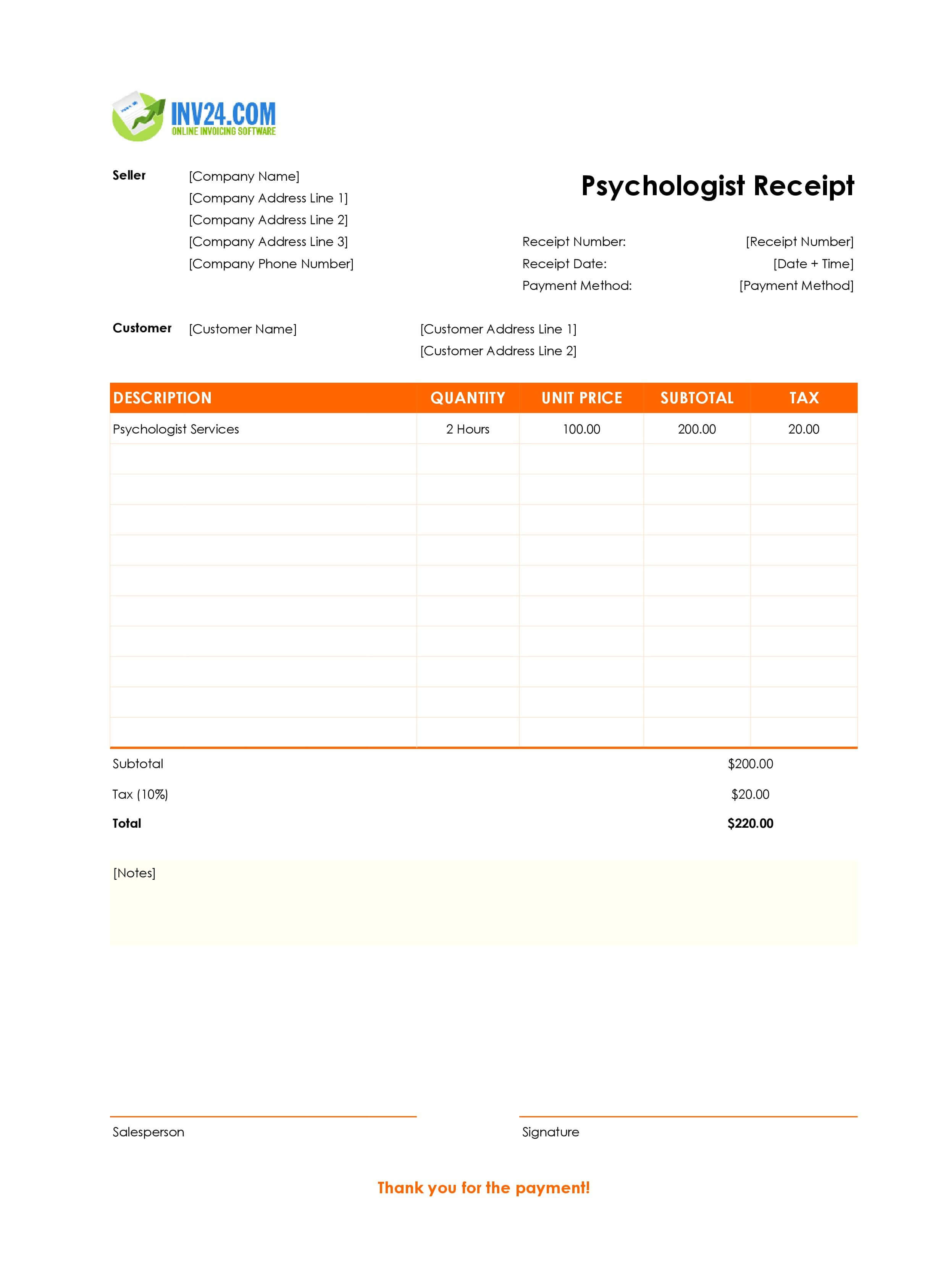 Psychologist Receipt Template (Excel / Google Sheets)