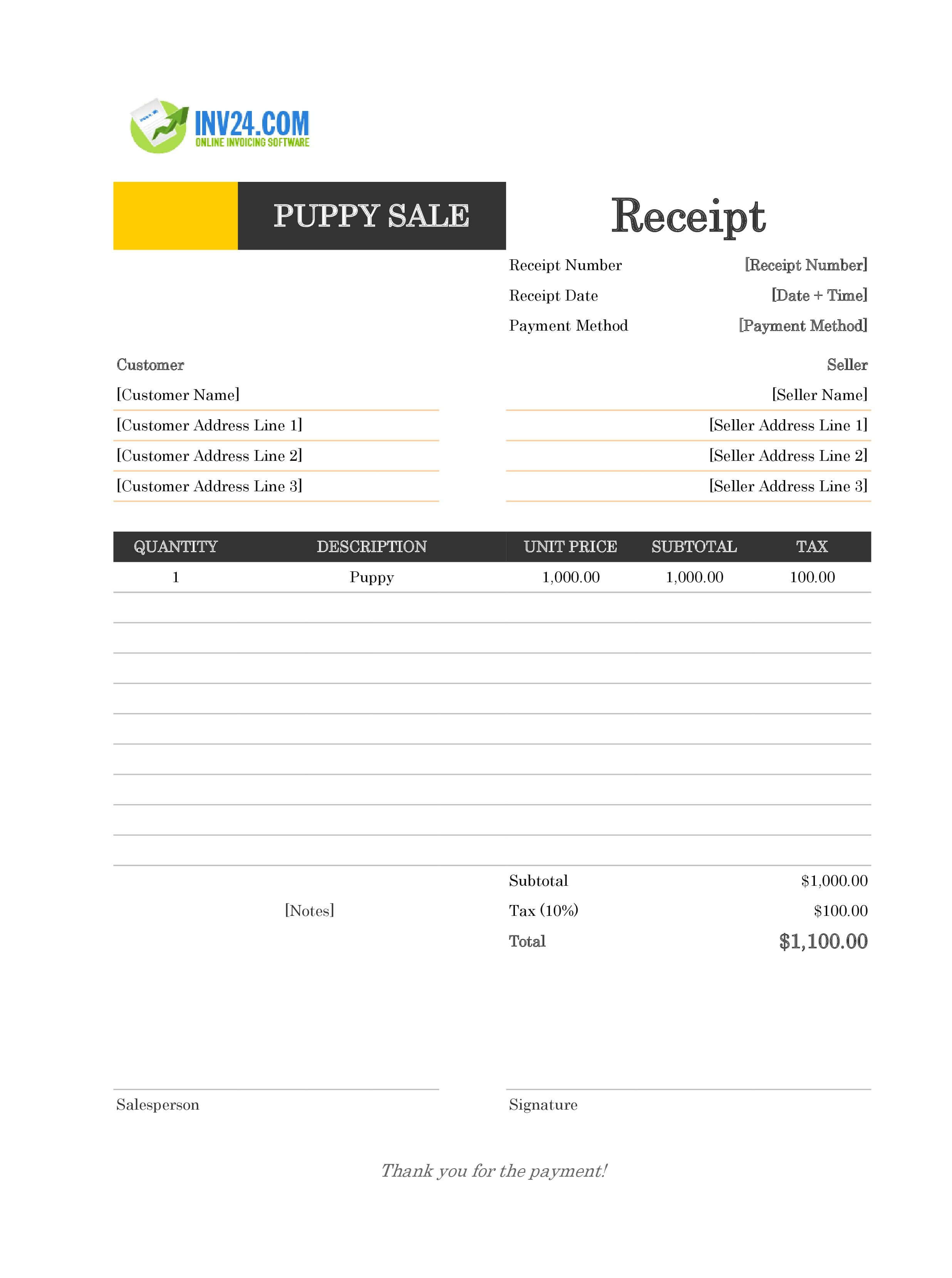 Puppy Sale Receipt Template (Excel / Google Sheets) Puppy Sale Receipt Template (Excel / Google Sheets)