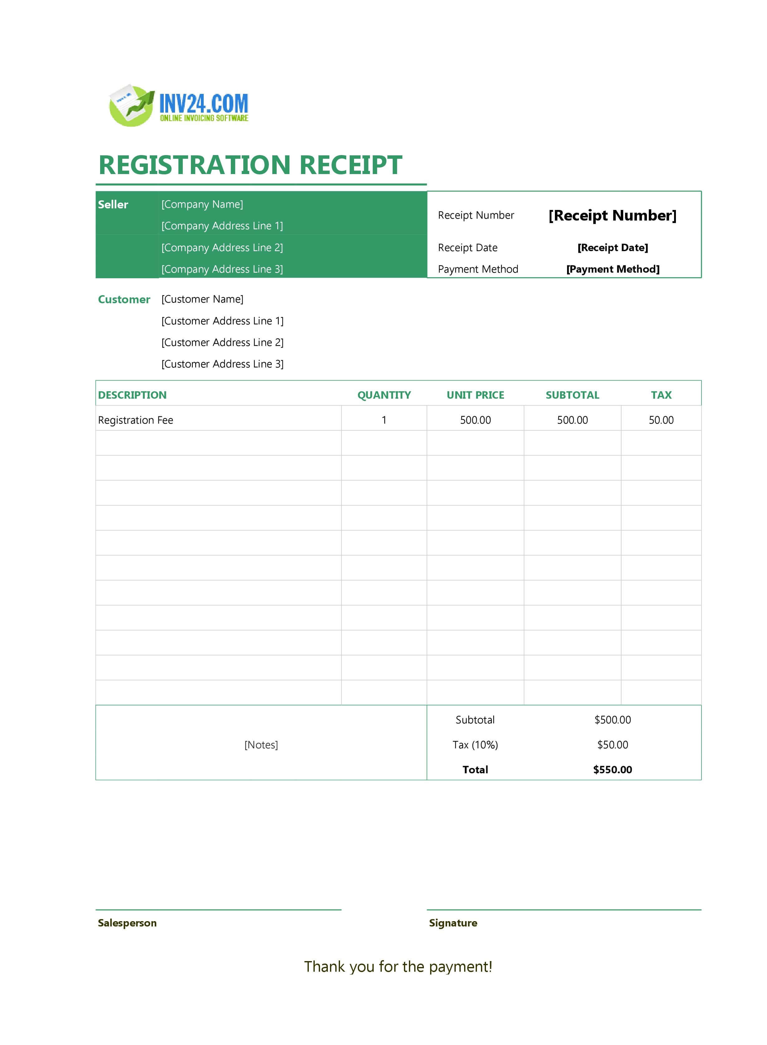 Registration Receipt Template (Excel / Google Sheets)