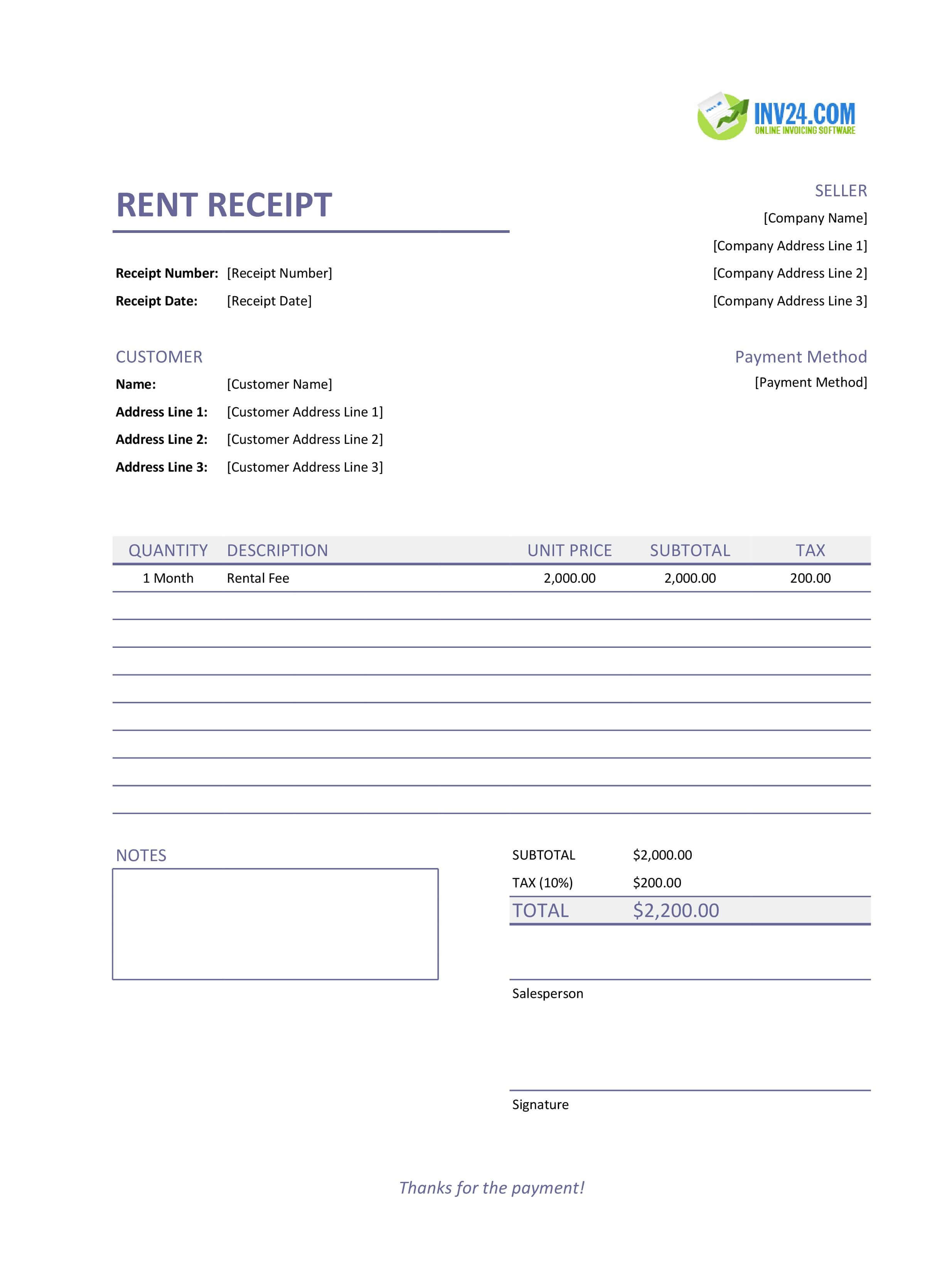 Rent Receipt Template (Excel / Google Sheets)